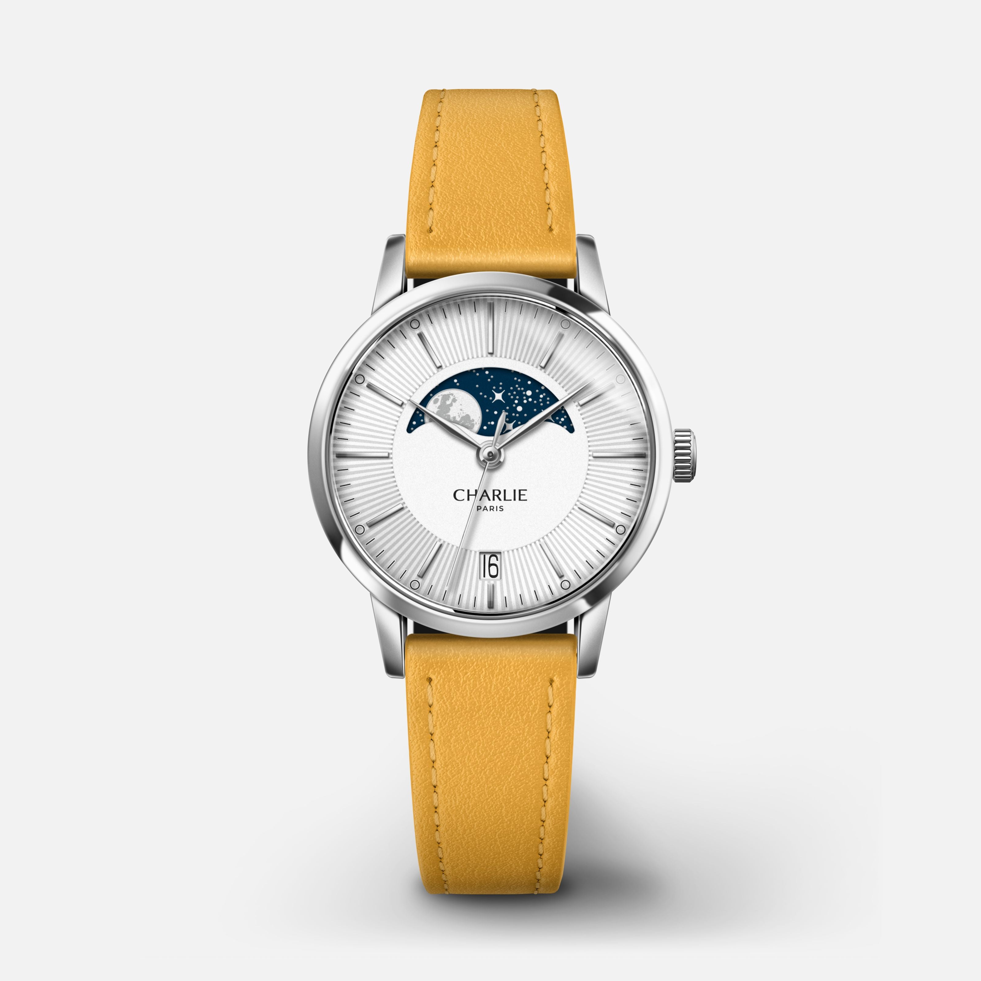 SULLY - Quartz Phase de Lune - Acier Montres CHARLIE Cuir jaune toscan