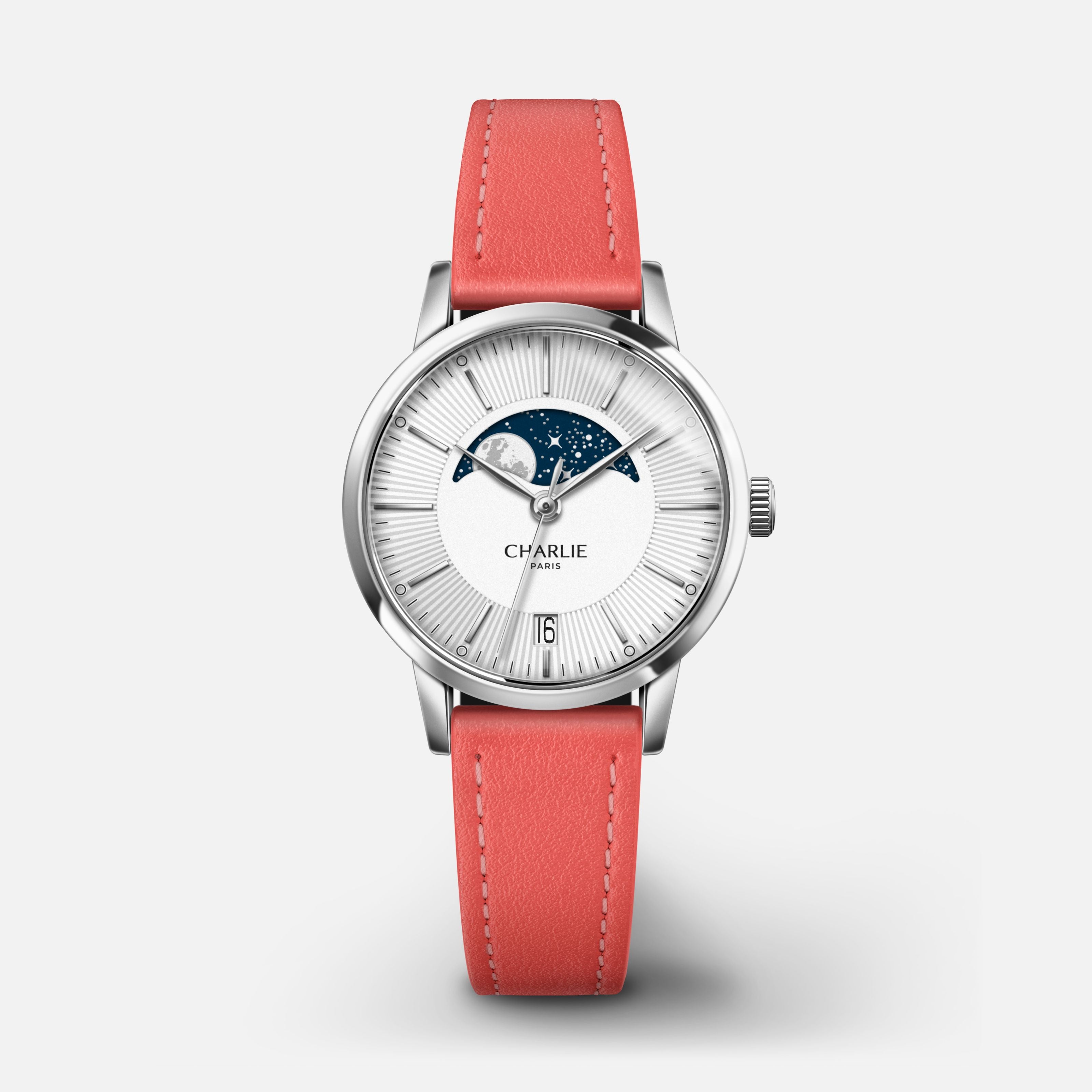 SULLY - Quartz Phase de Lune - Acier Montres CHARLIE Cuir rose hibiscus