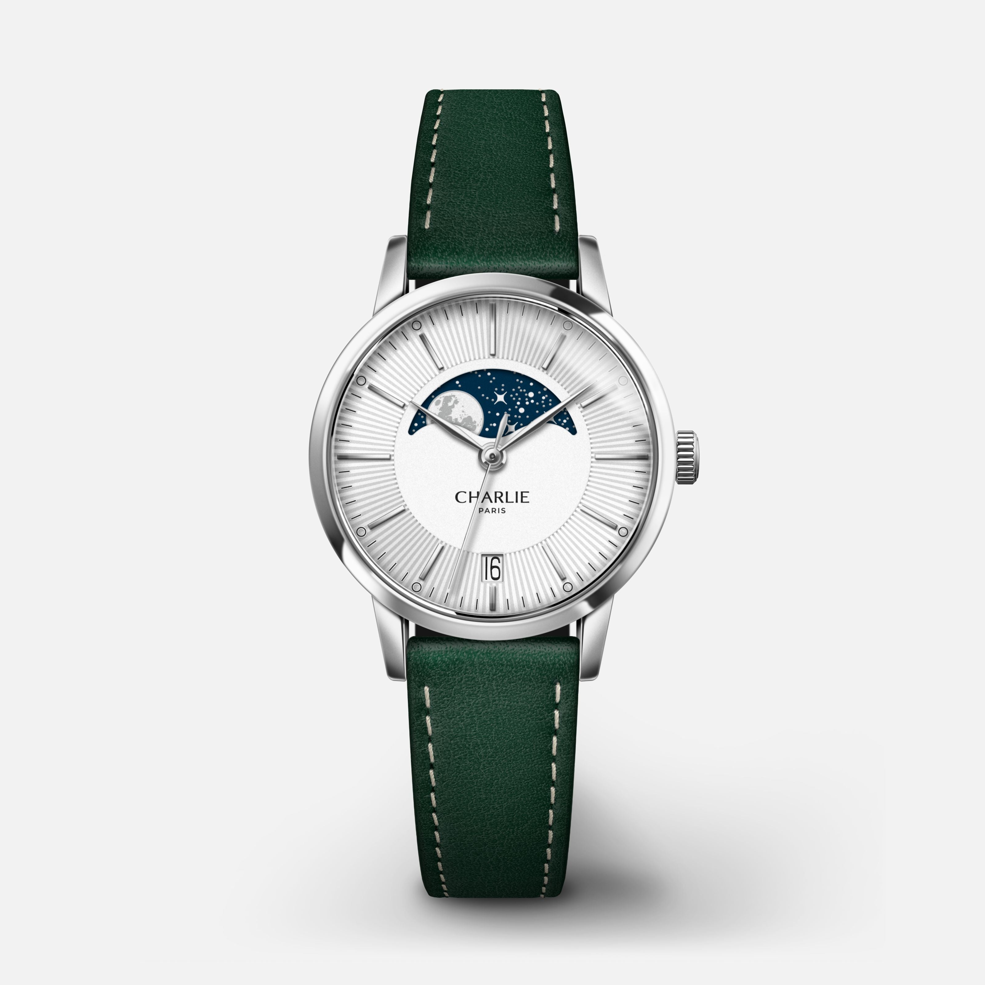 SULLY - Quartz Phase de Lune - Acier Montres CHARLIE Cuir vert