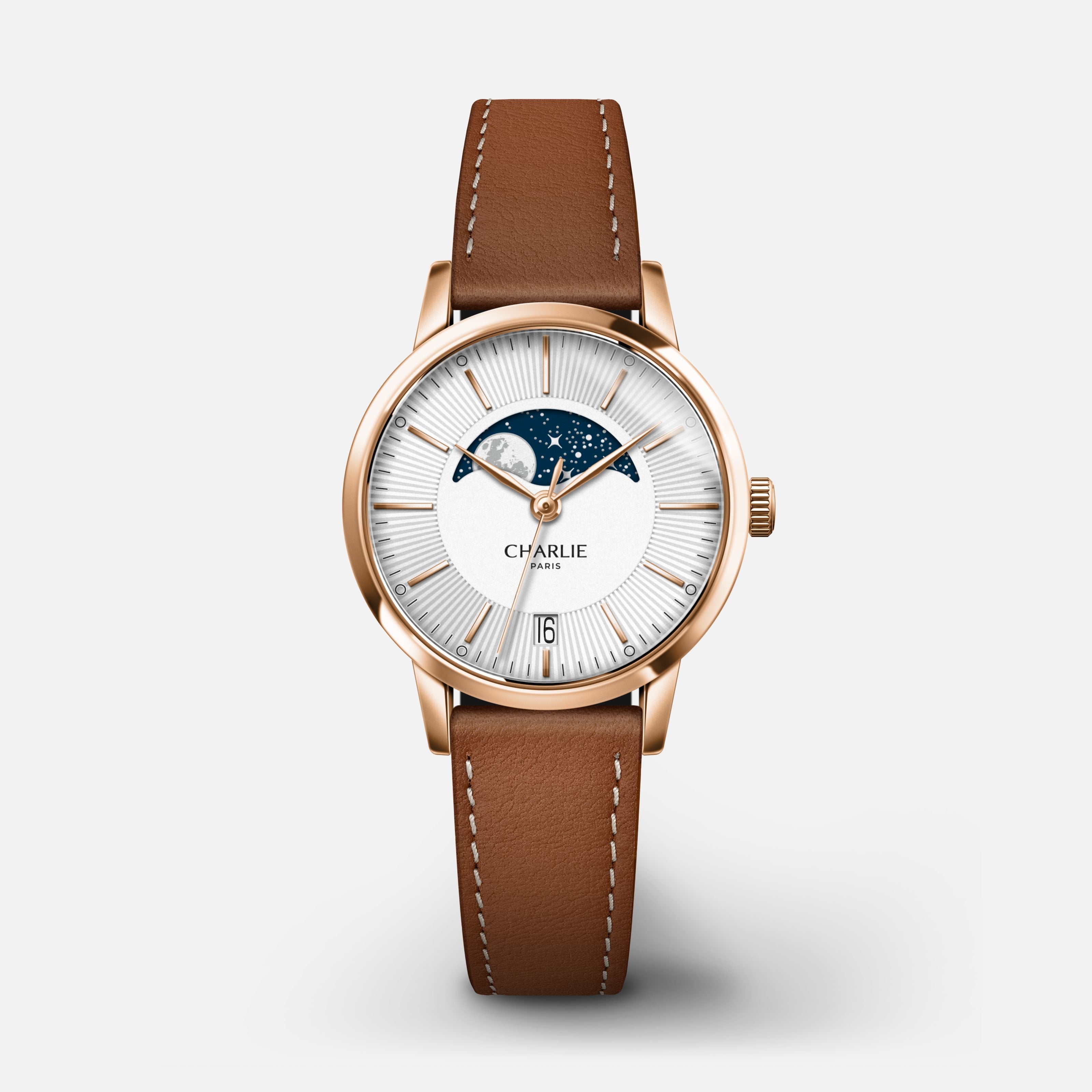 SULLY - Quartz Phase de Lune - Doré rose Montres CHARLIE Cuir marron