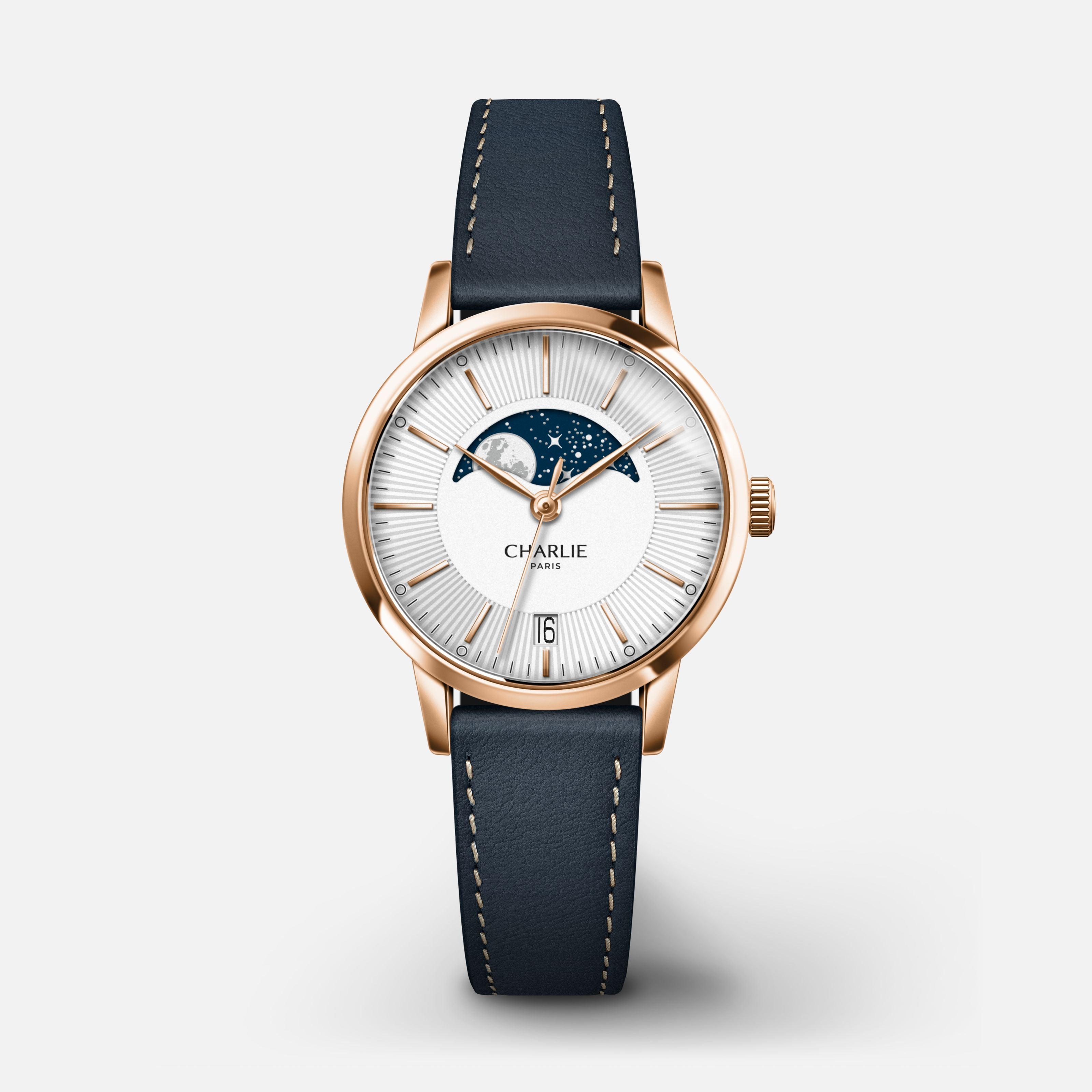 SULLY - Quartz Phase de Lune - Doré rose Montres CHARLIE Cuir bleu
