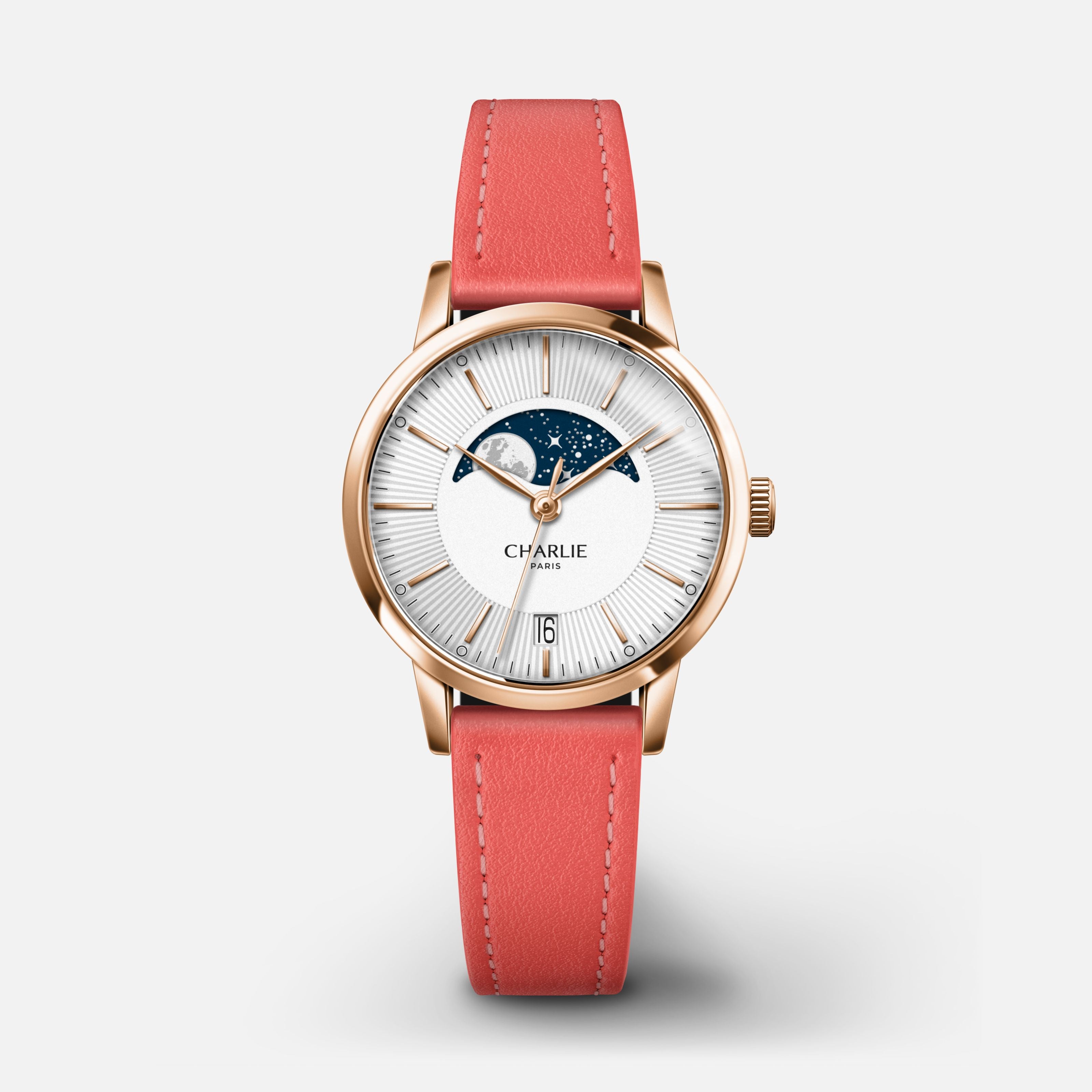 SULLY - Quartz Phase de Lune - Doré rose Montres CHARLIE Cuir rose hibiscus