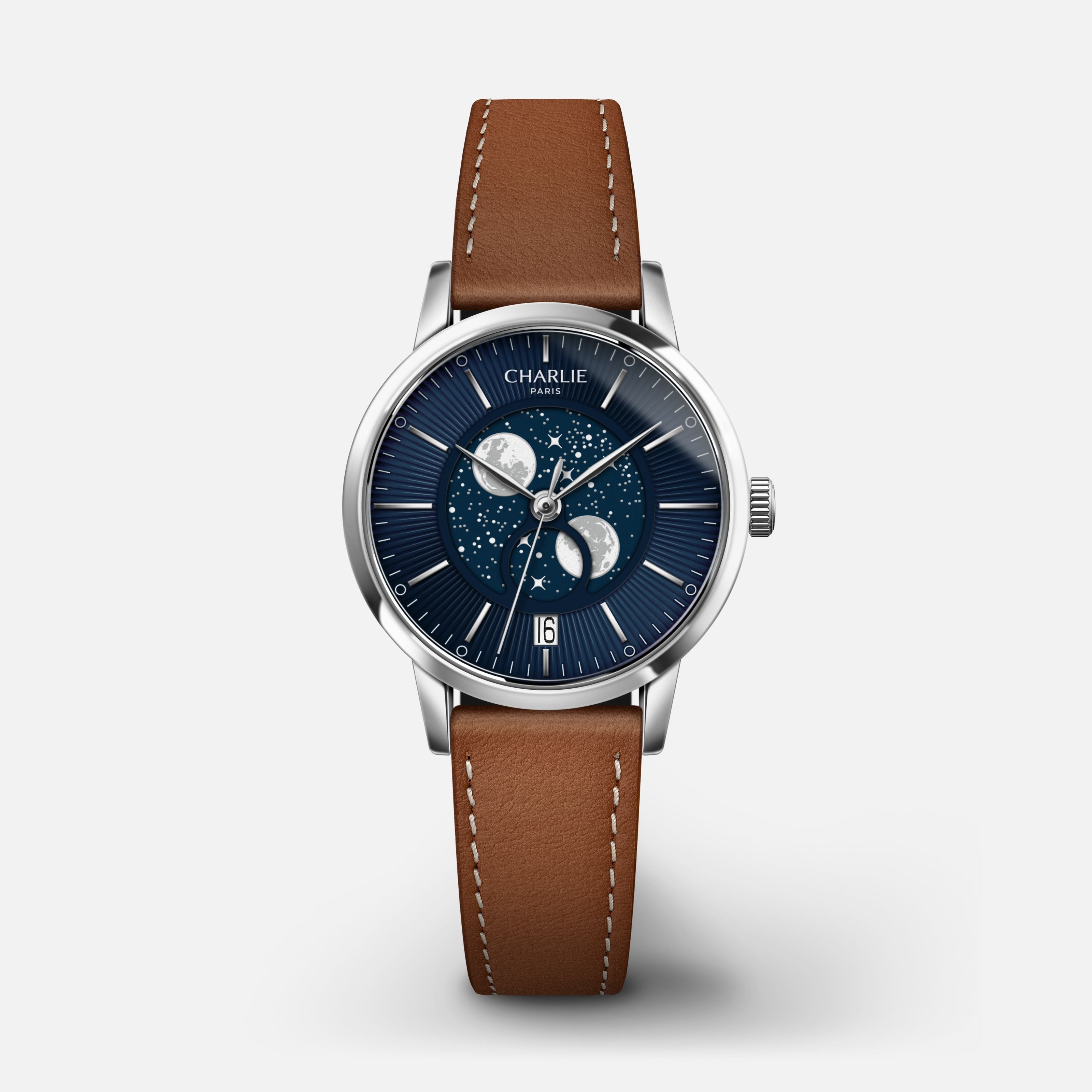 SULLY - Quartz Phase de Lune - Acier & Bleu Montres CHARLIE Cuir marron