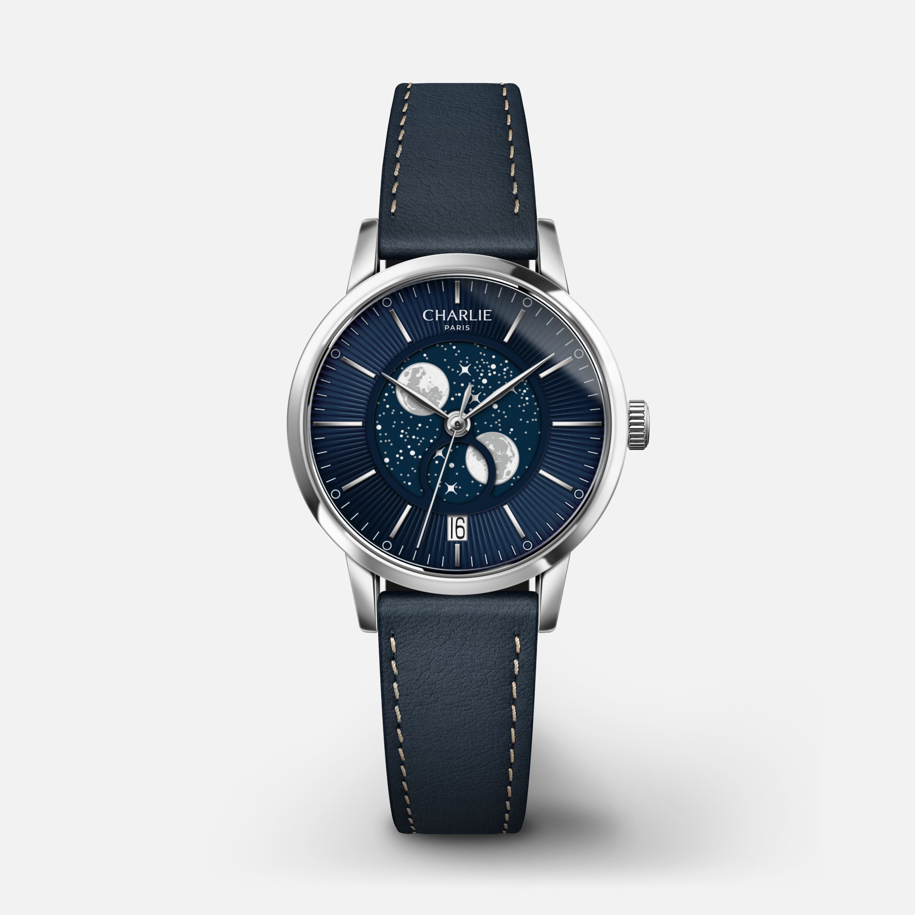 SULLY - Quartz Phase de Lune - Acier & Bleu Montres CHARLIE Cuir bleu
