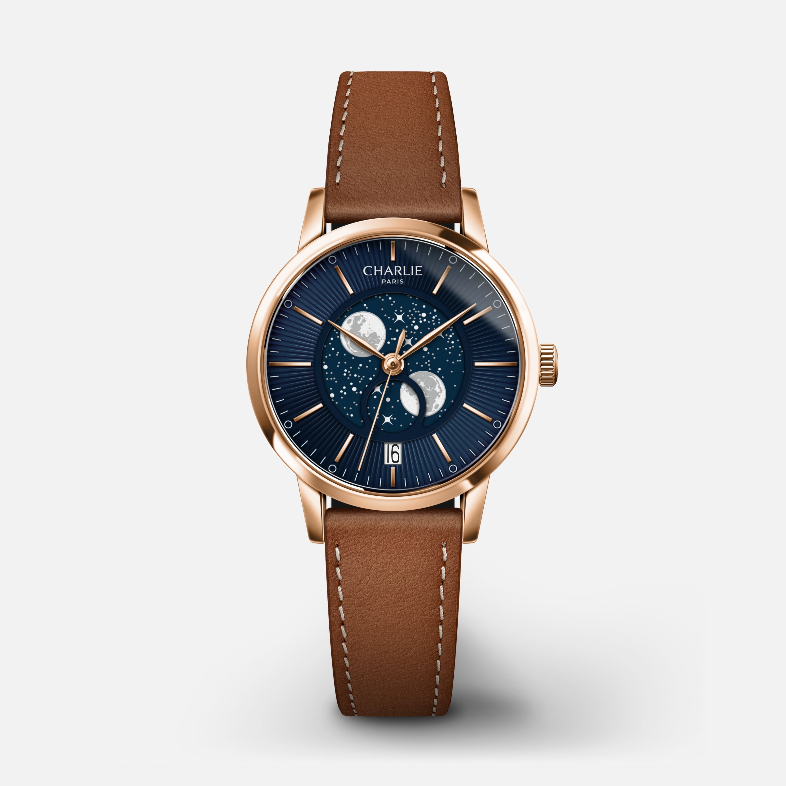 SULLY - Quartz Phase de Lune - Doré rose & Bleu Montres CHARLIE Cuir marron