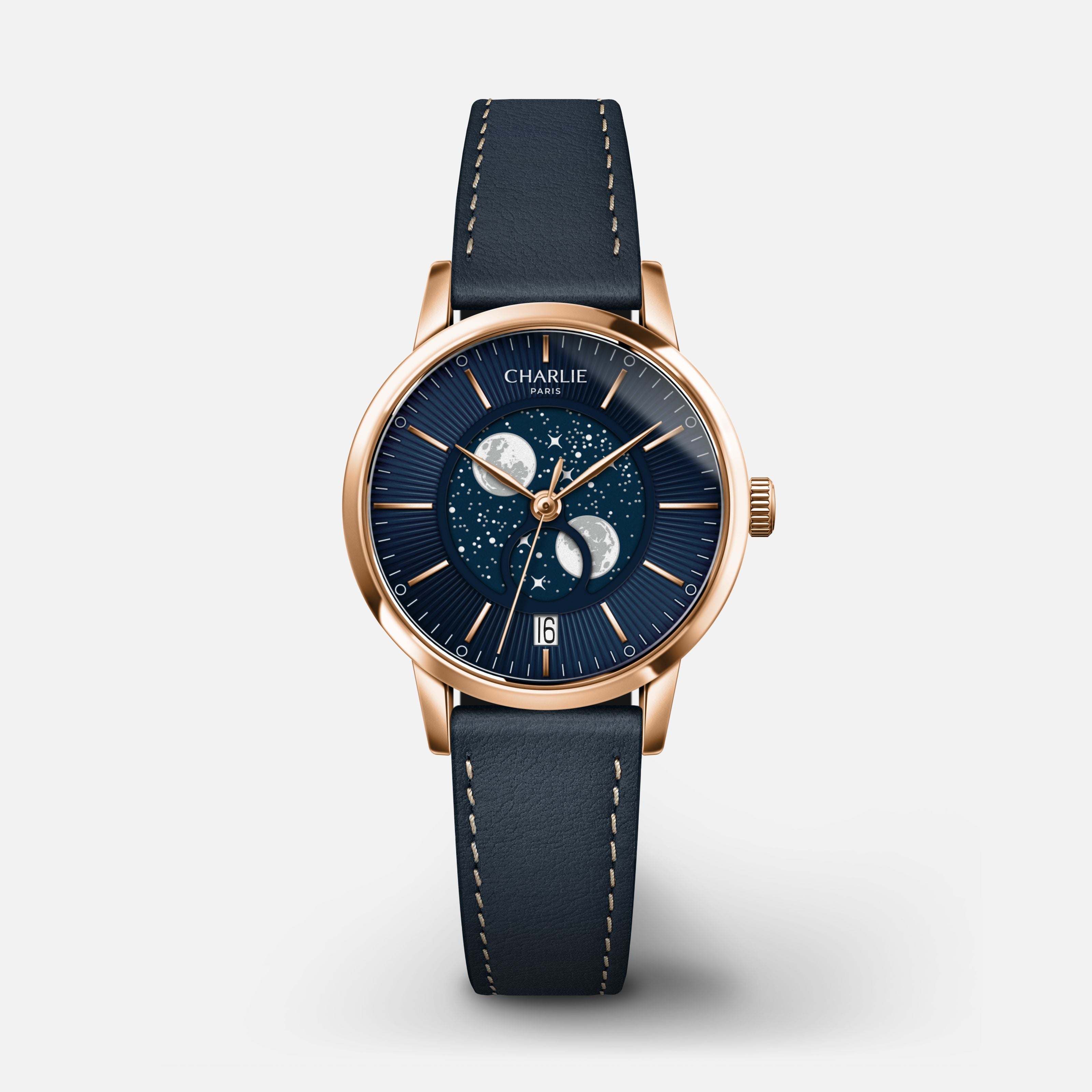 SULLY - Quartz Phase de Lune - Doré rose & Bleu Montres CHARLIE Cuir bleu