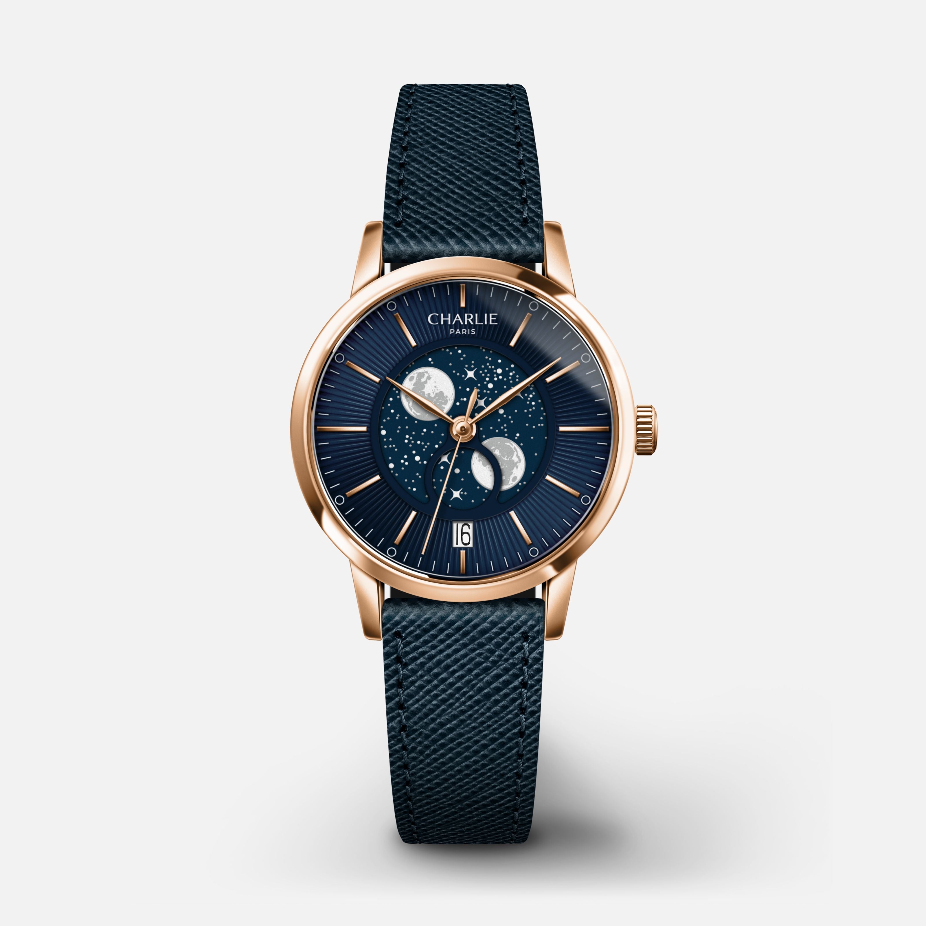 SULLY - Quartz Phase de Lune - Doré rose & Bleu Montres CHARLIE Cuir saffiano bleu