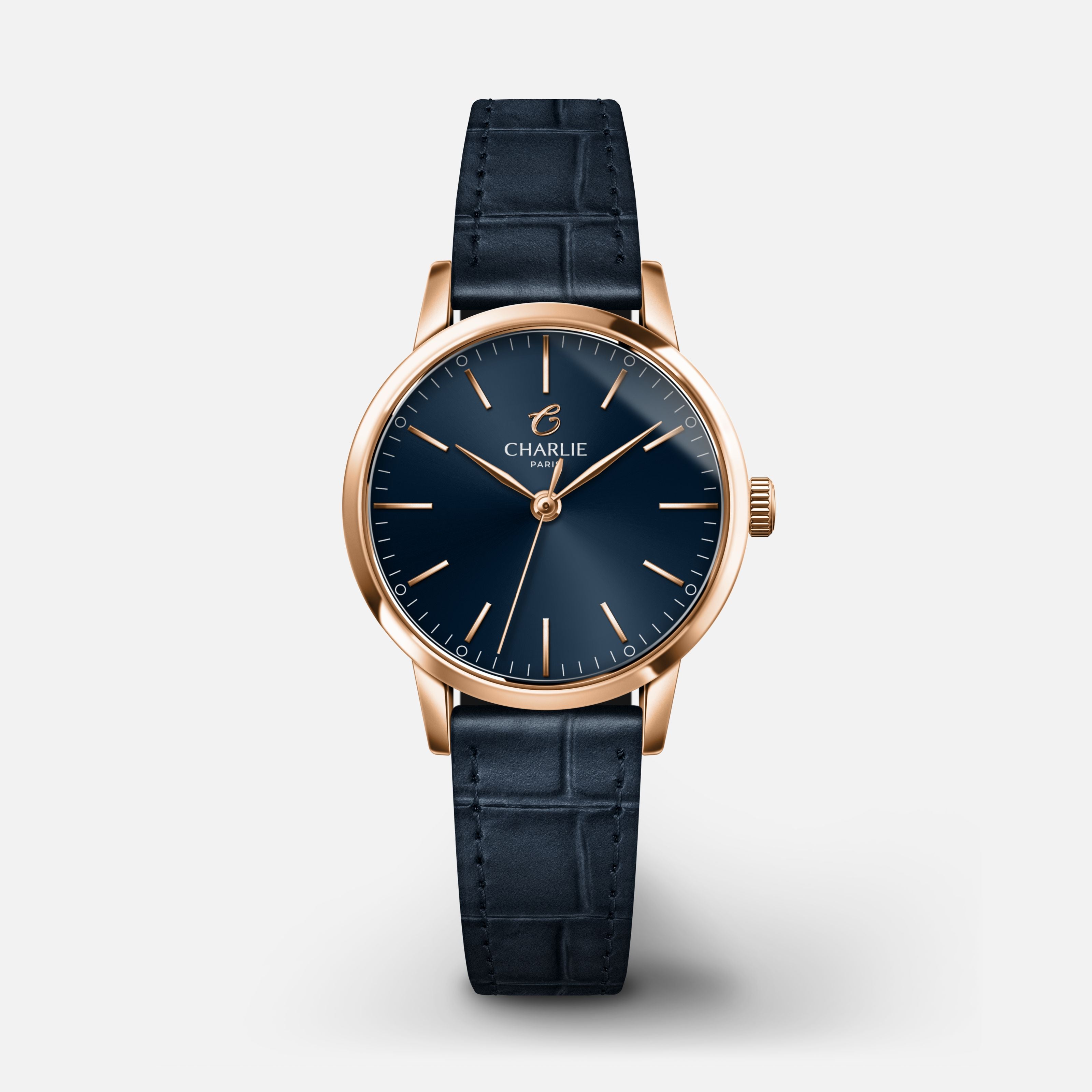 SULLY - Quartz - Doré rose/Bleu Montres CHARLIE Cuir crocograin bleu