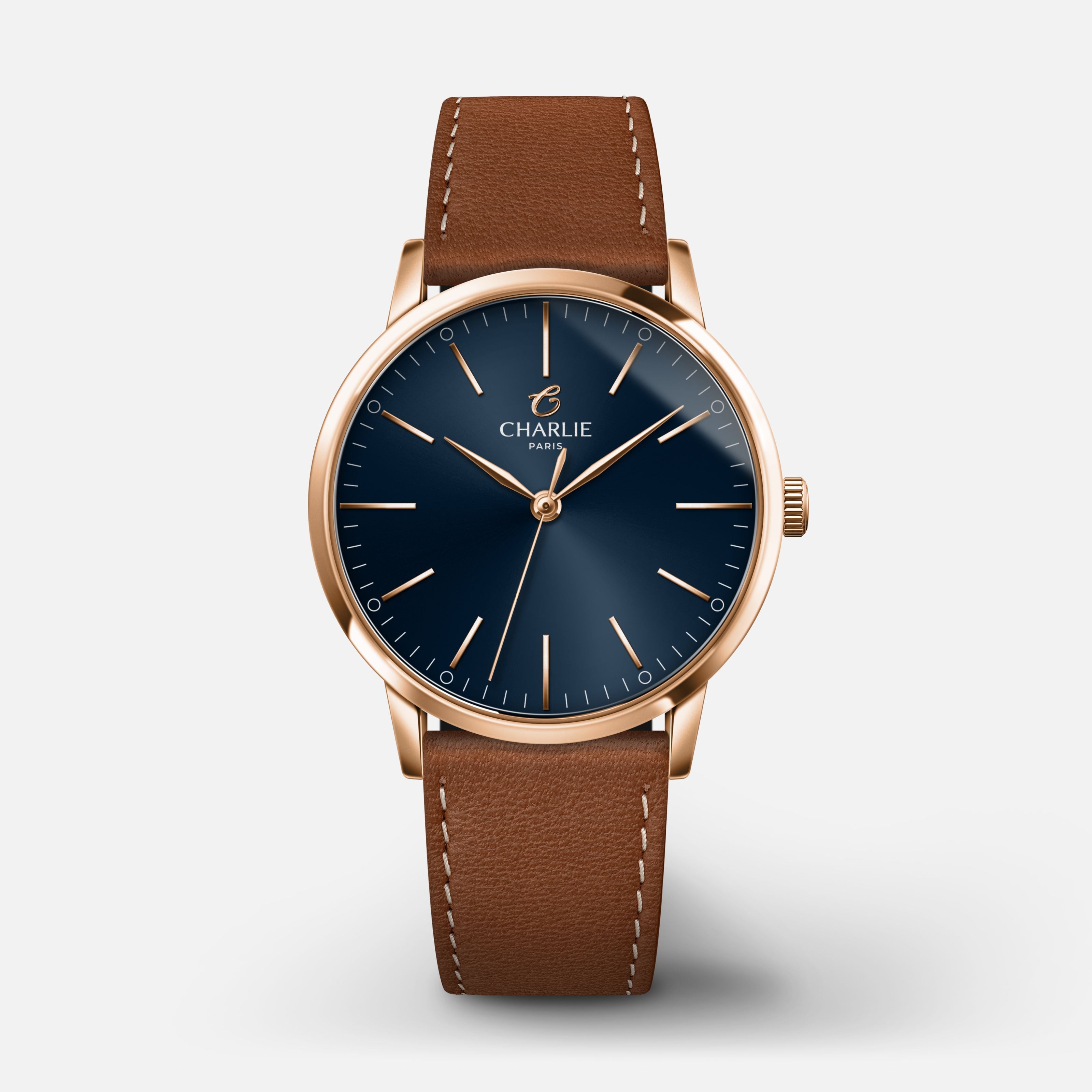 SULLY 35- Quartz - Doré rose/Bleu Montres CHARLIE Cuir marron