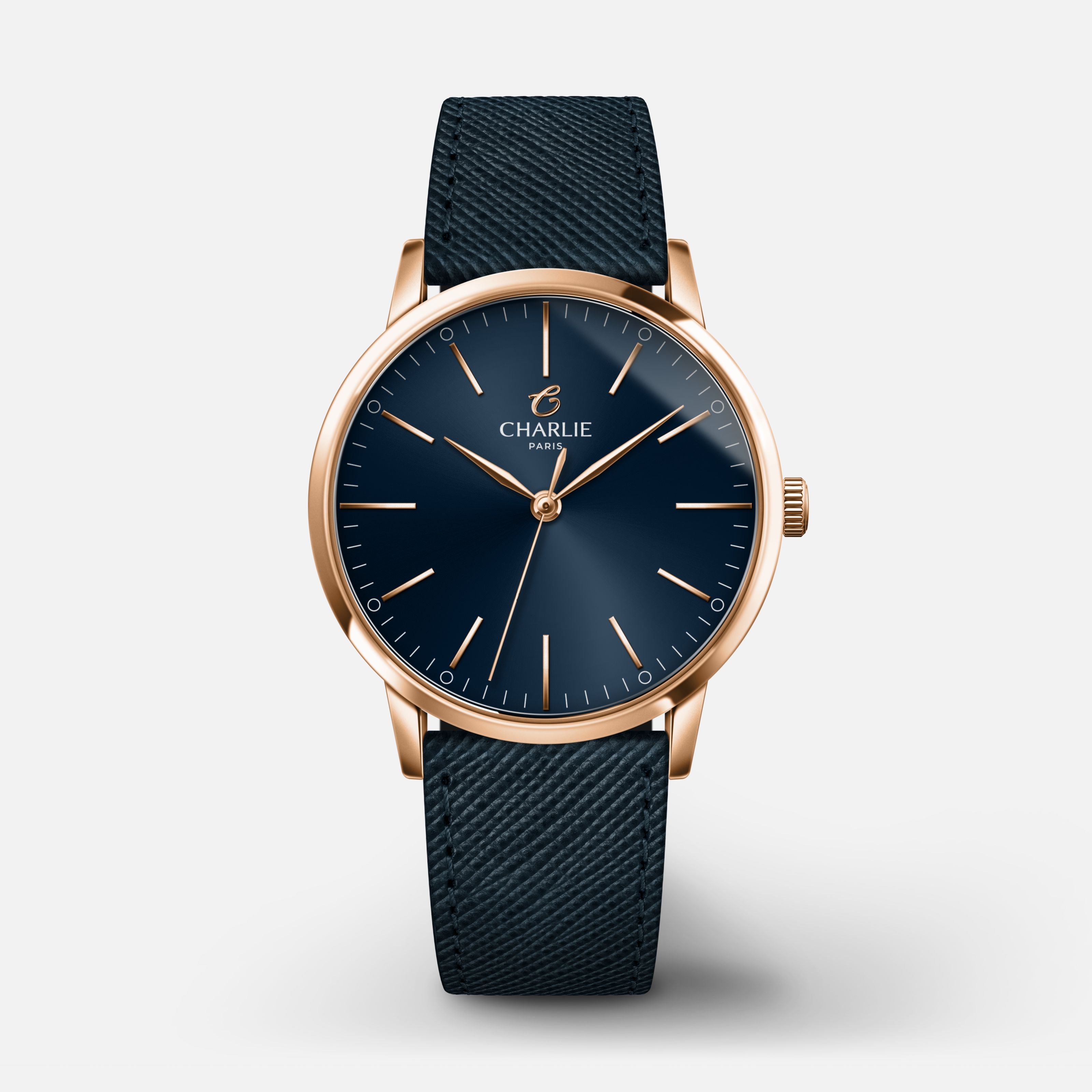 SULLY 35- Quartz - Doré rose/Bleu Montres CHARLIE Cuir saffiano bleu