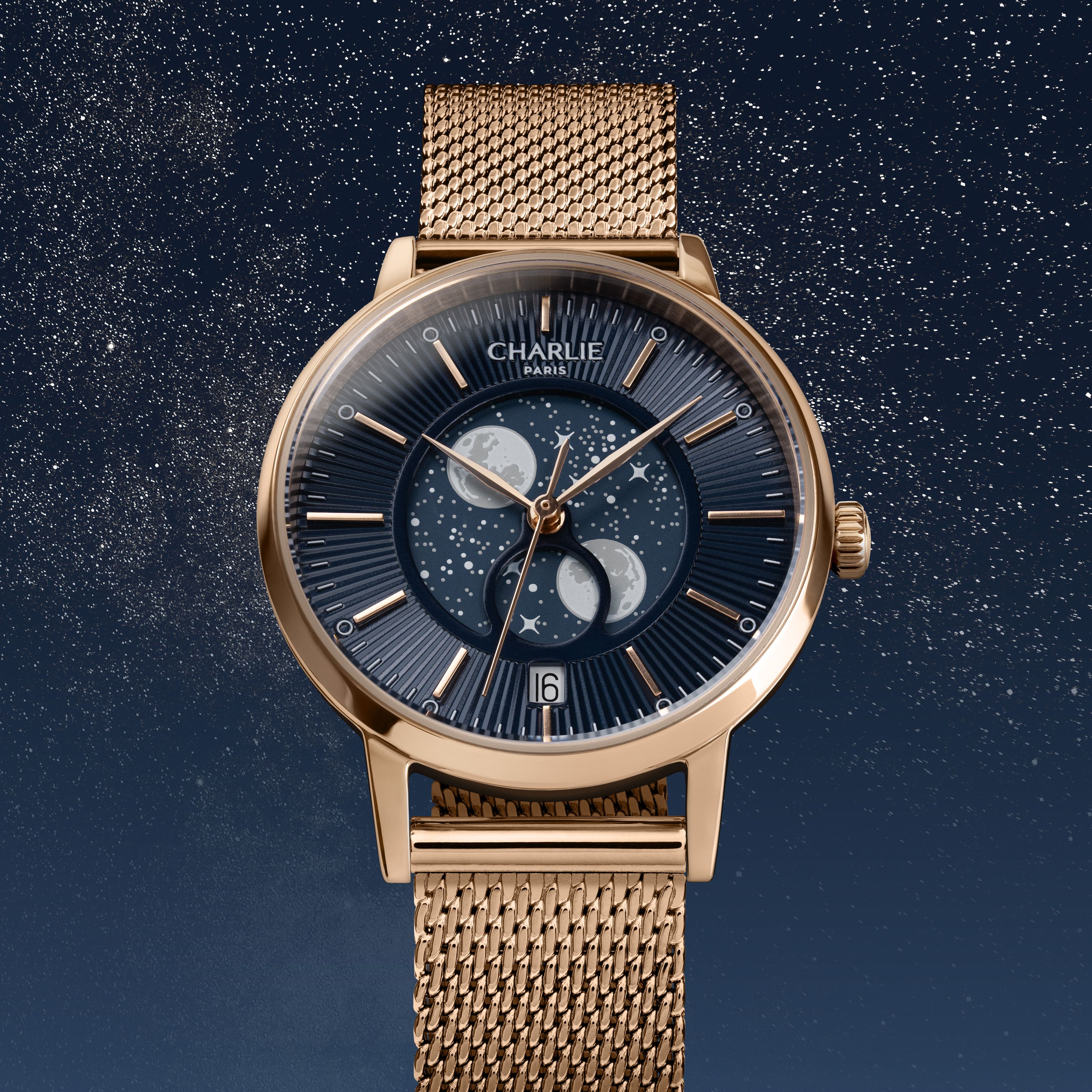 SULLY - Quartz Phase de Lune - Doré rose & Bleu Montres CHARLIE