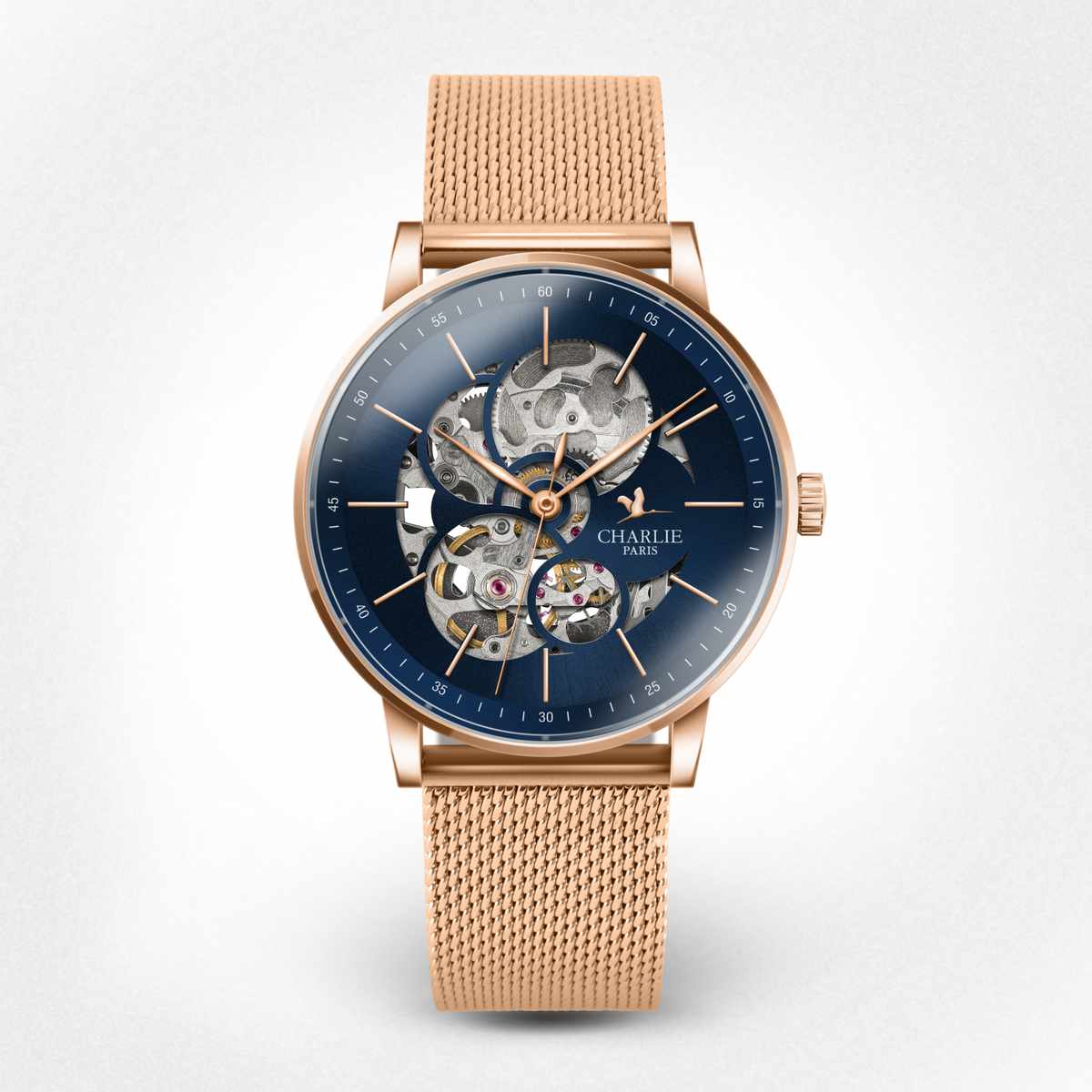 Blue women s skeleton watch Initial 36 Openwork Rose gold and Blue