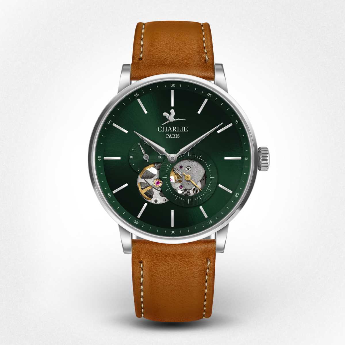 Men s open heart green automatic watch Initial Open Heart