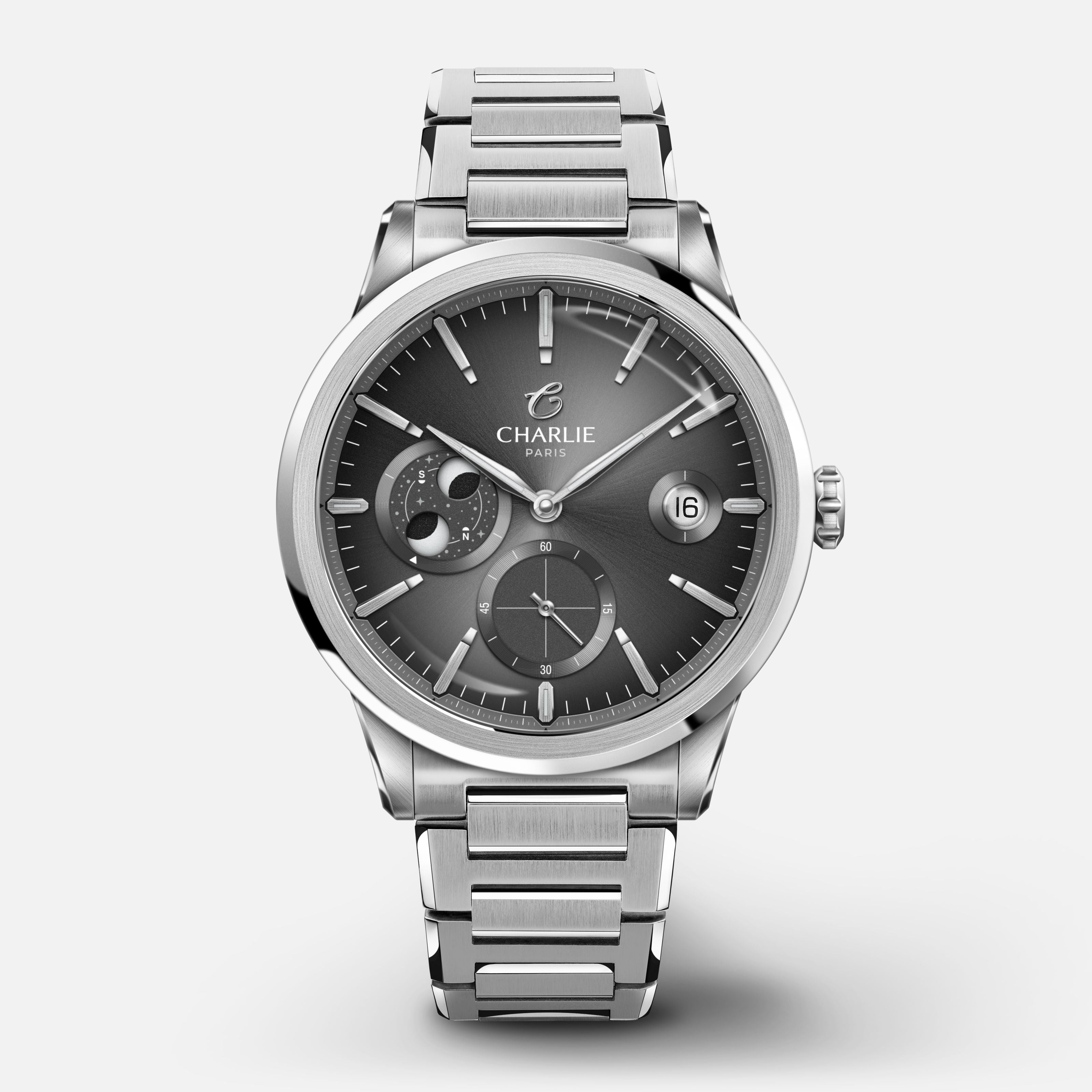 ALLIANCE - Automatique phase de lune - Gris Montres CHARLIE Bracelet acier