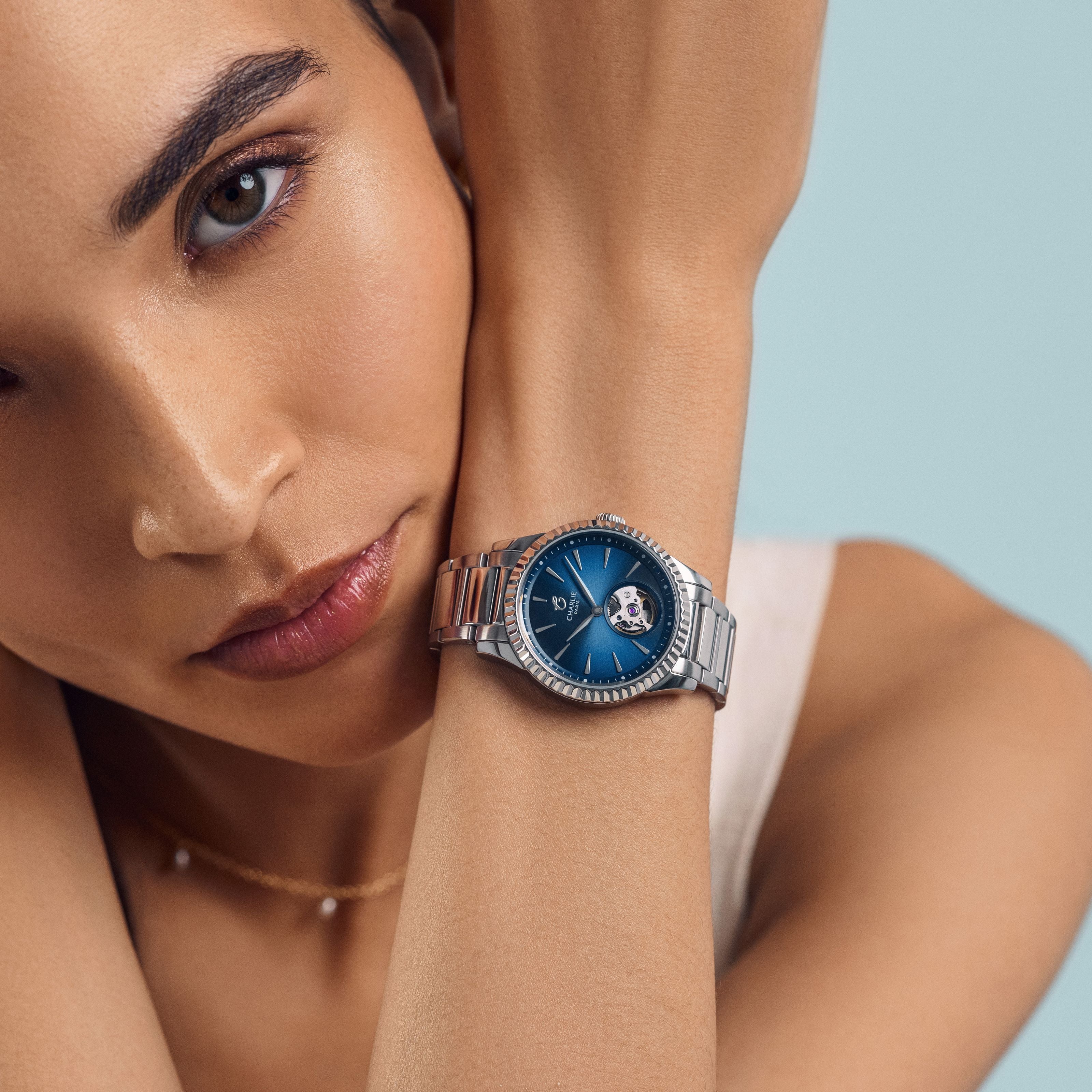 Aurore Cannelée - Automatique Coeur Ouvert - Bleu Montres CHARLIE