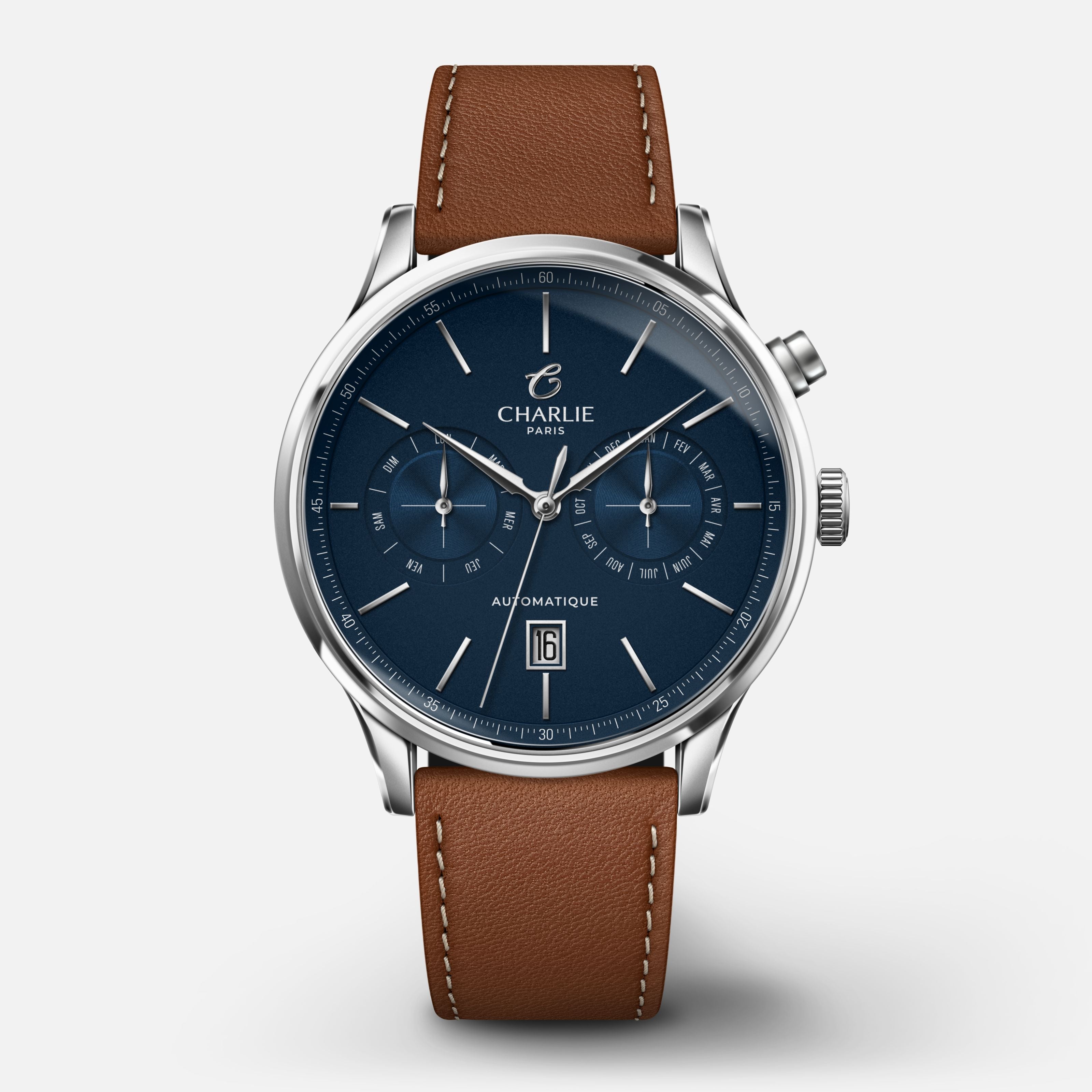 INITIAL - Automatique Calendrier - Bleu Montres CHARLIE Cuir marron