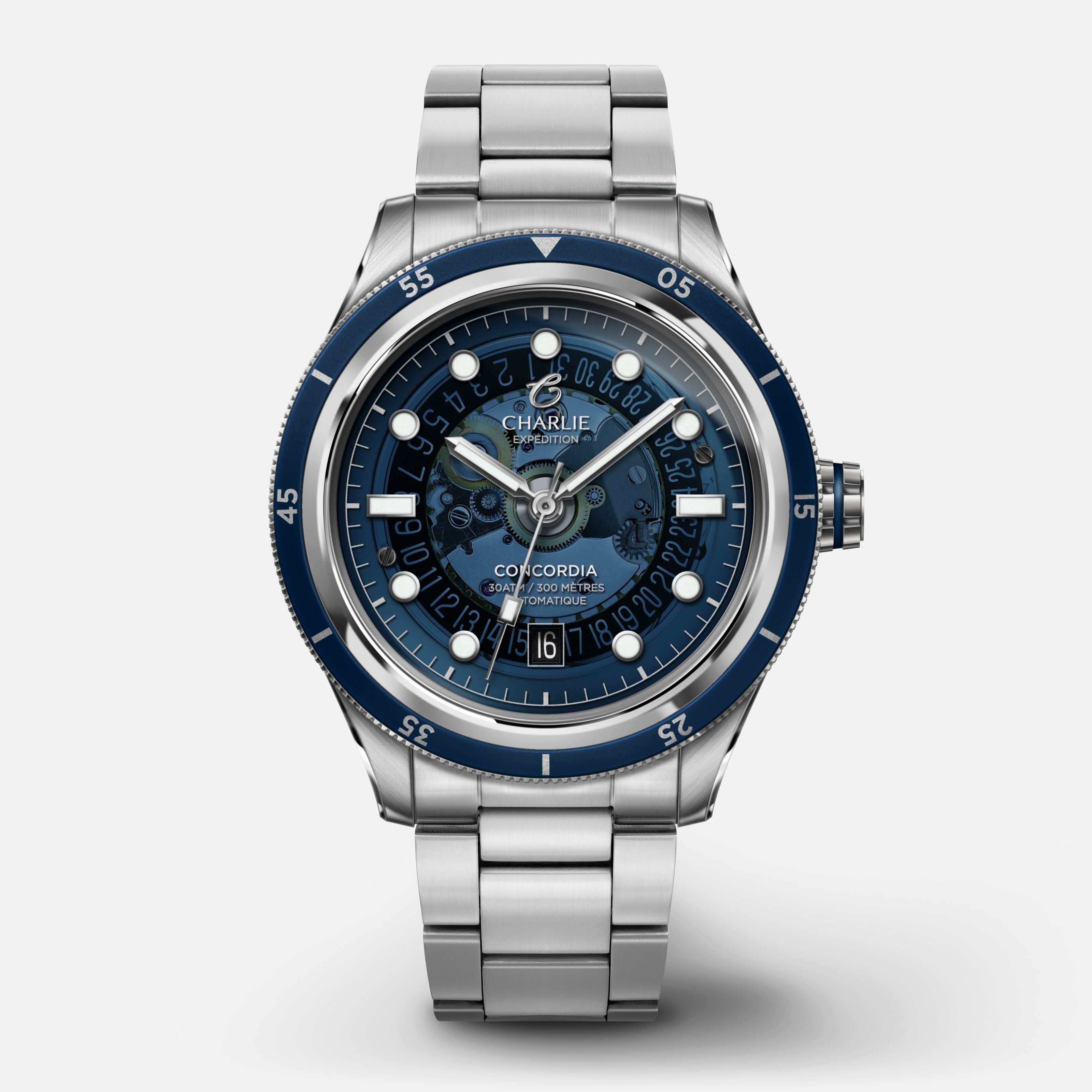 CONCORDIA - Automatique Saphir - Bleu Antarctique Montres CHARLIE Acier 3 maillons