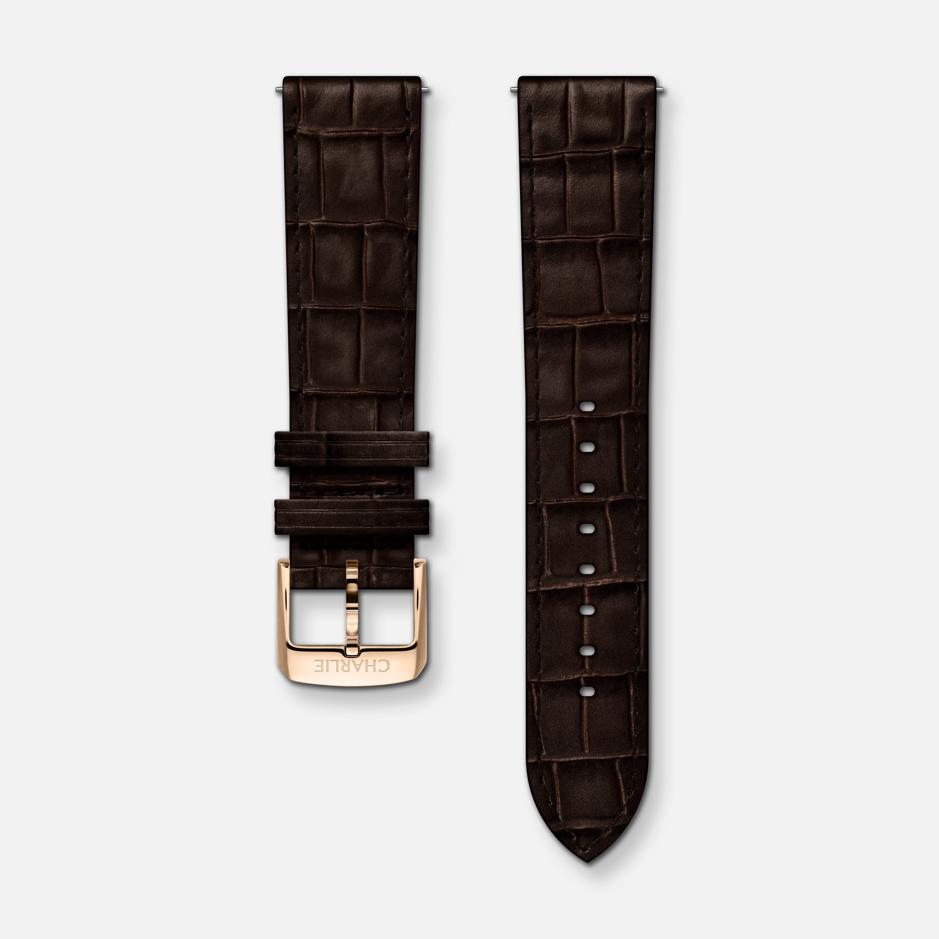 Bracelet cuir crocograin chocolat 20mm Bracelets de montres CHARLIE Doré