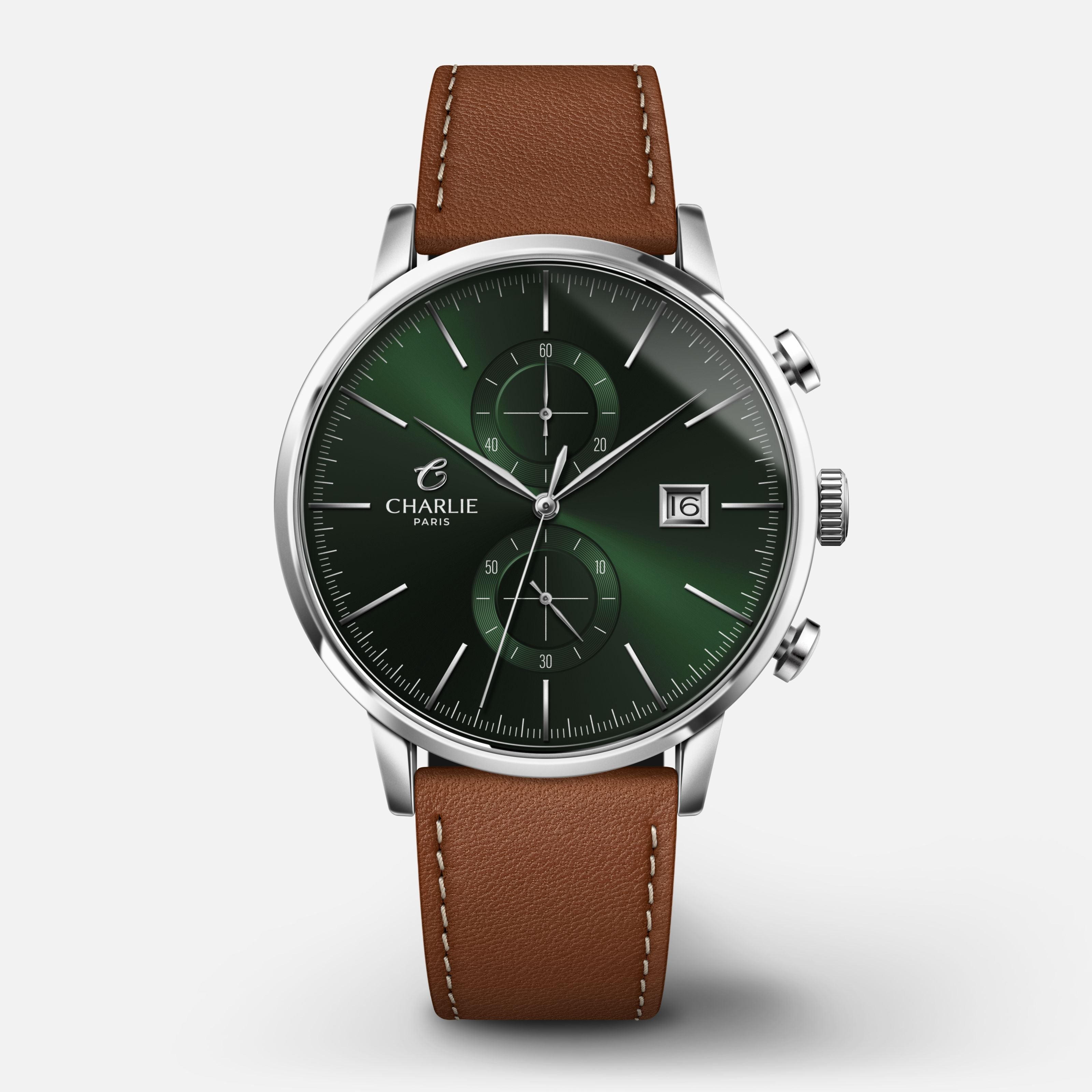 HORIZON - Chronographe - Vert Montres CHARLIE Cuir marron