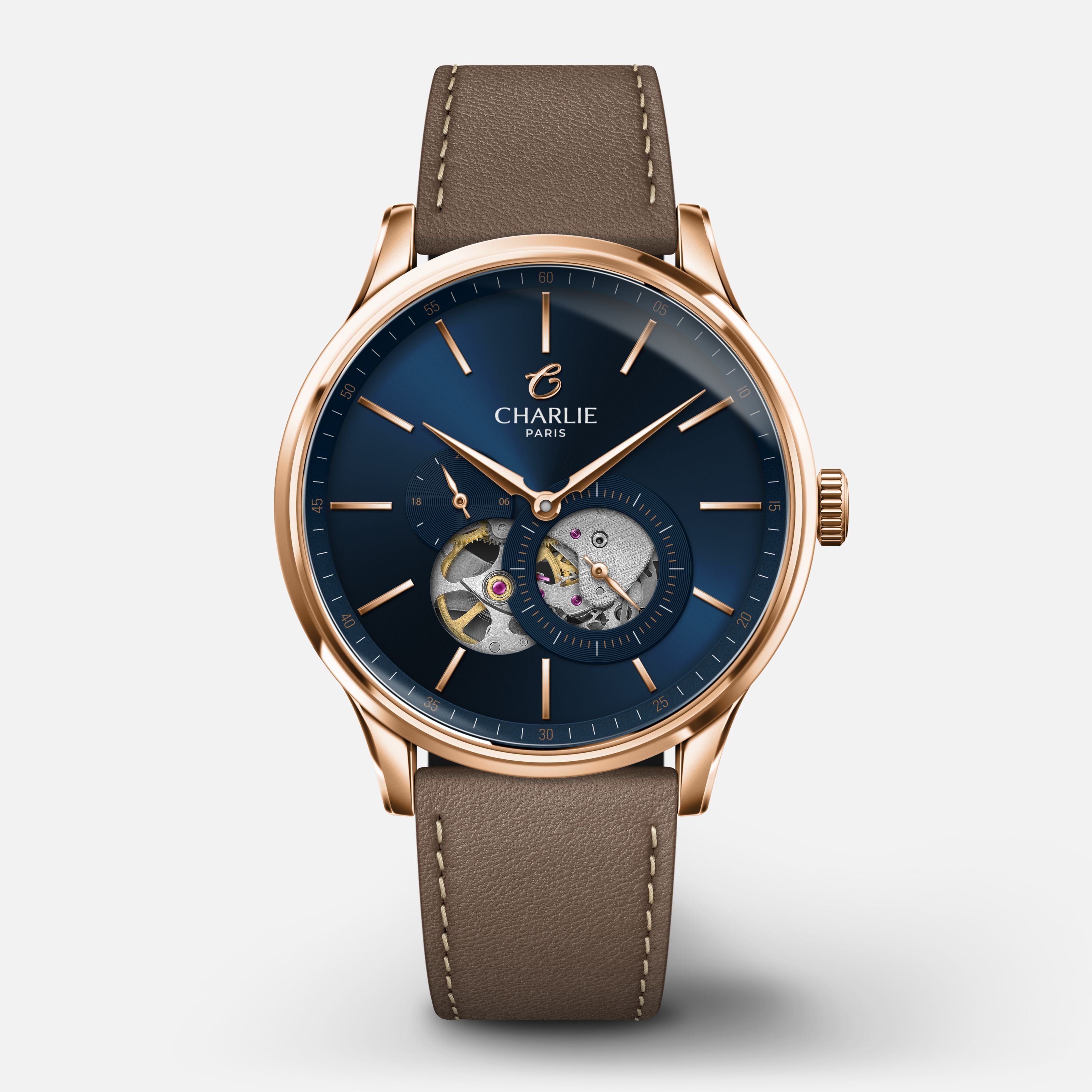 INITIAL - Men's automatic watch Open Heart Blue - Rose gold 40 mm