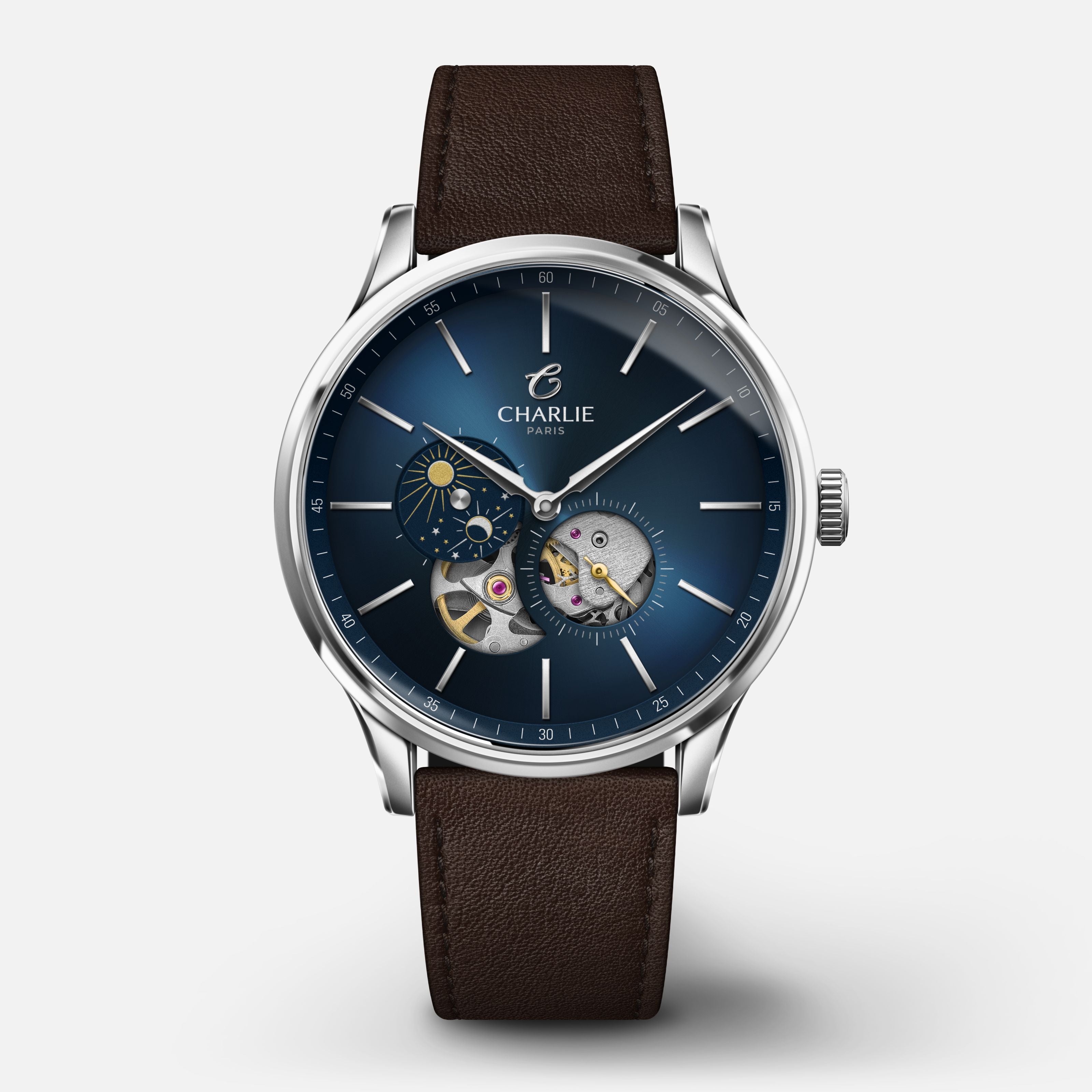 INITIAL - Men's automatic watch Open Heart blue - 40 mm steel