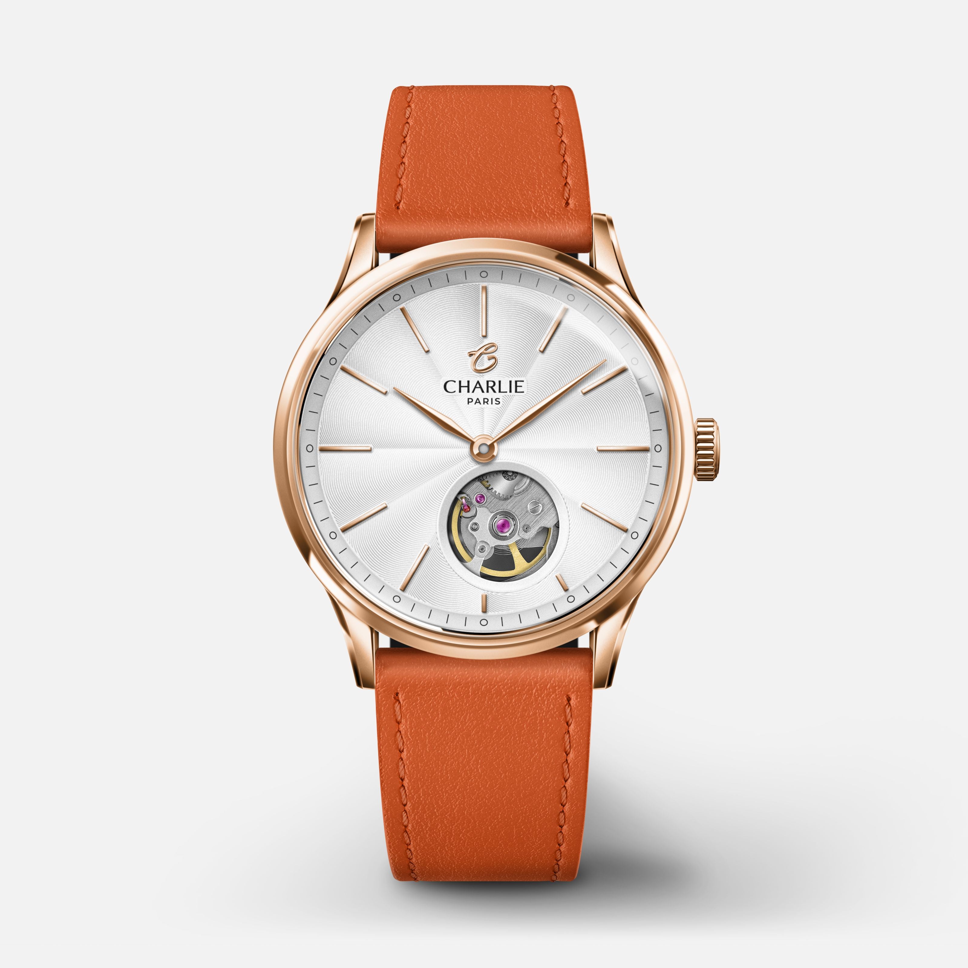 INITIAL 35 - Automatique Cœur Ouvert - Doré rose Montres CHARLIE Cuir mandarine