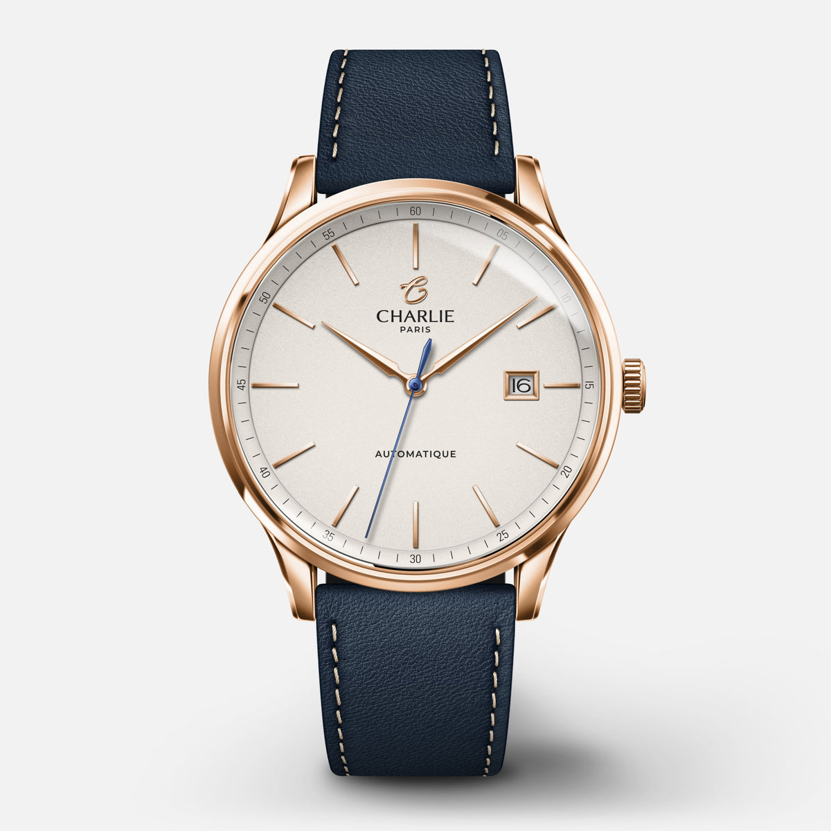 INITIAL - Automatique - Doré rose Cuir bleu Montres CHARLIE