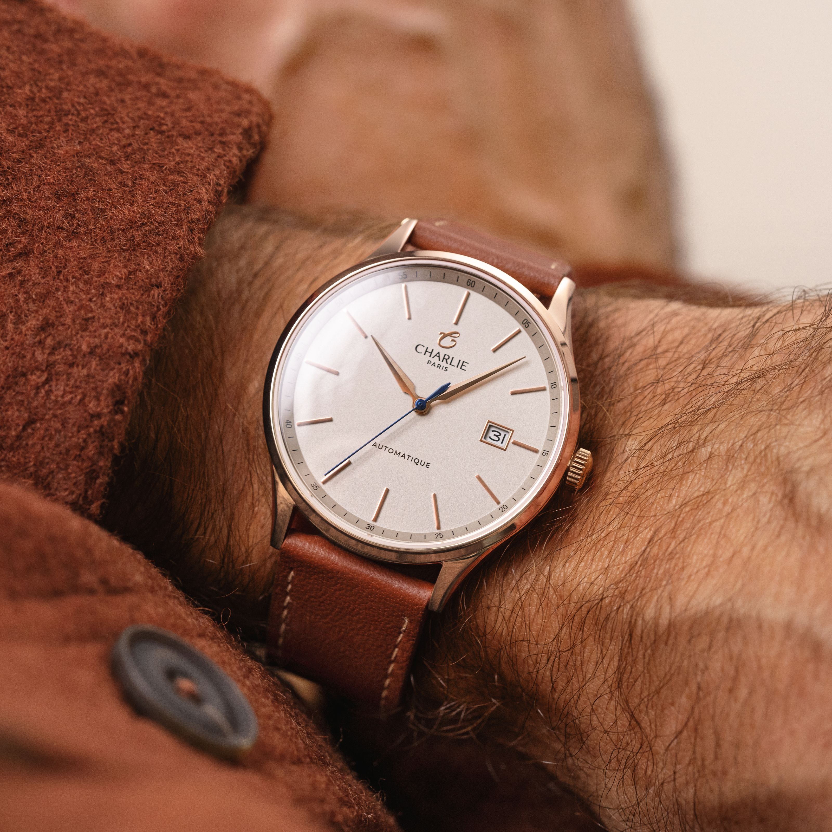 Charlie Ocean Boogie Sサイズ INITIAL - Men's automatic watch, slim champagne color - Rose gold