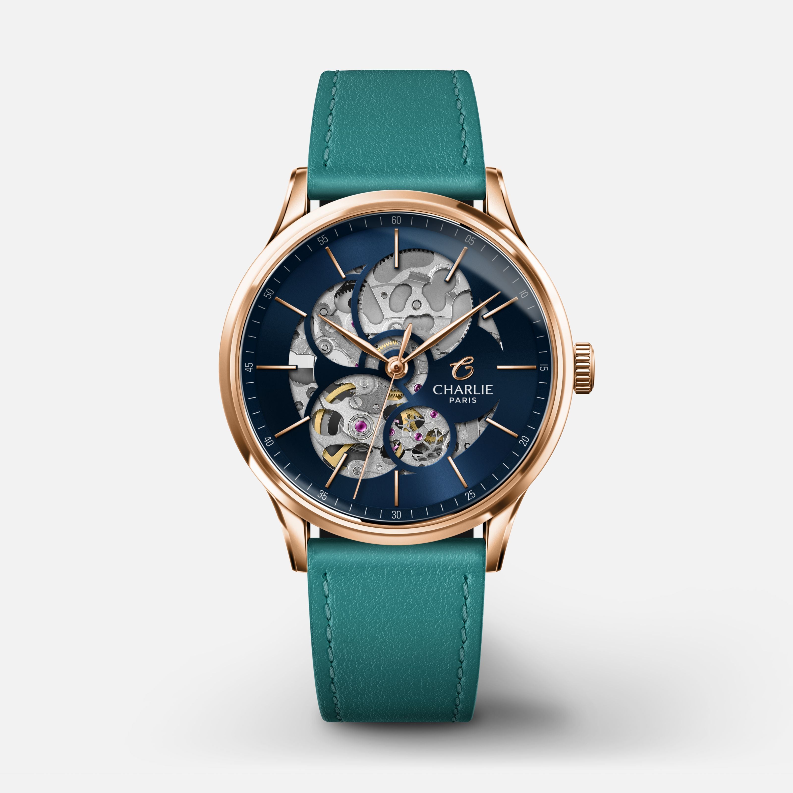 オリエント チャーリーです INITIAL - Women's automatic watch with openwork design in blue