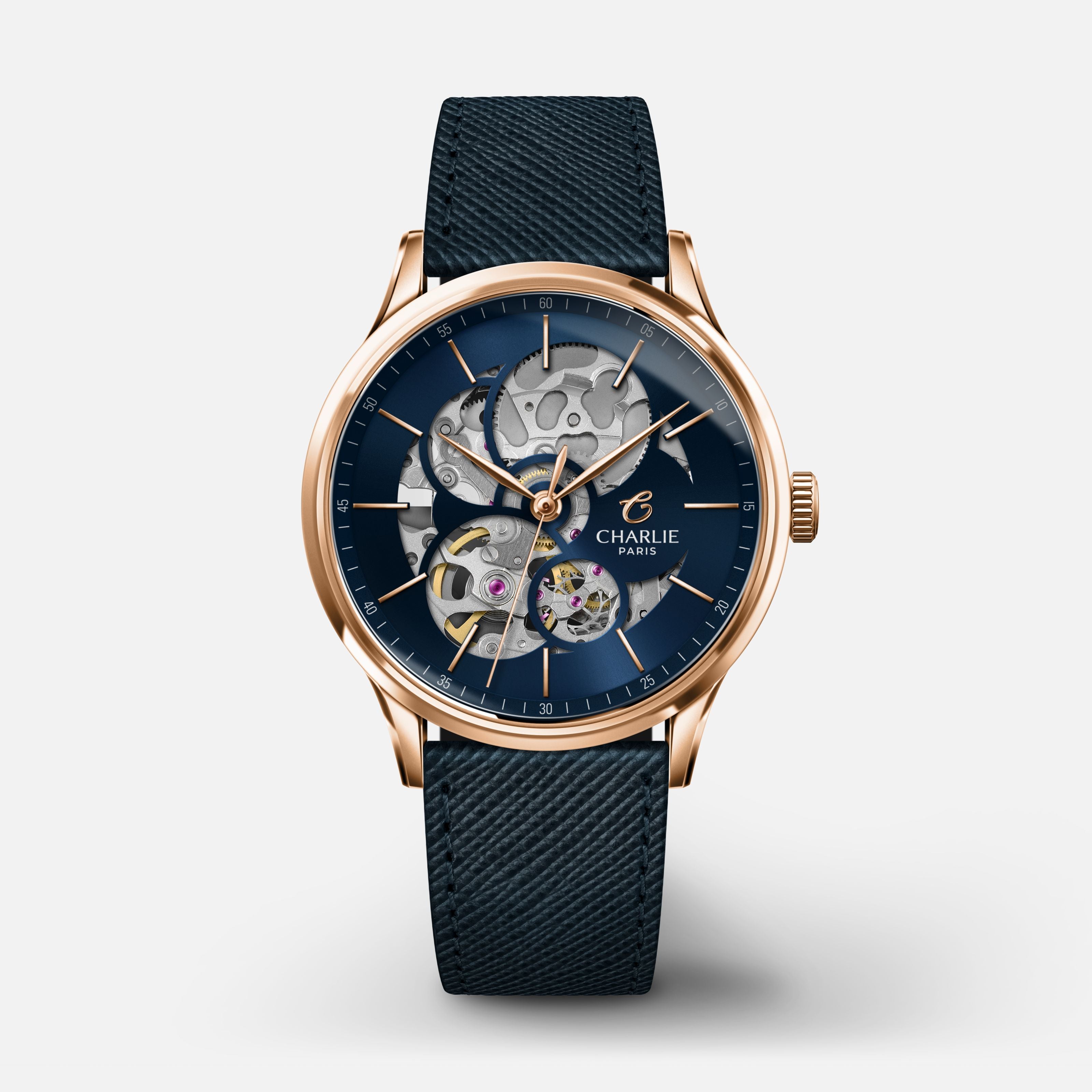 Blue women s skeleton watch Initial 36 Openwork Rose gold and Blue