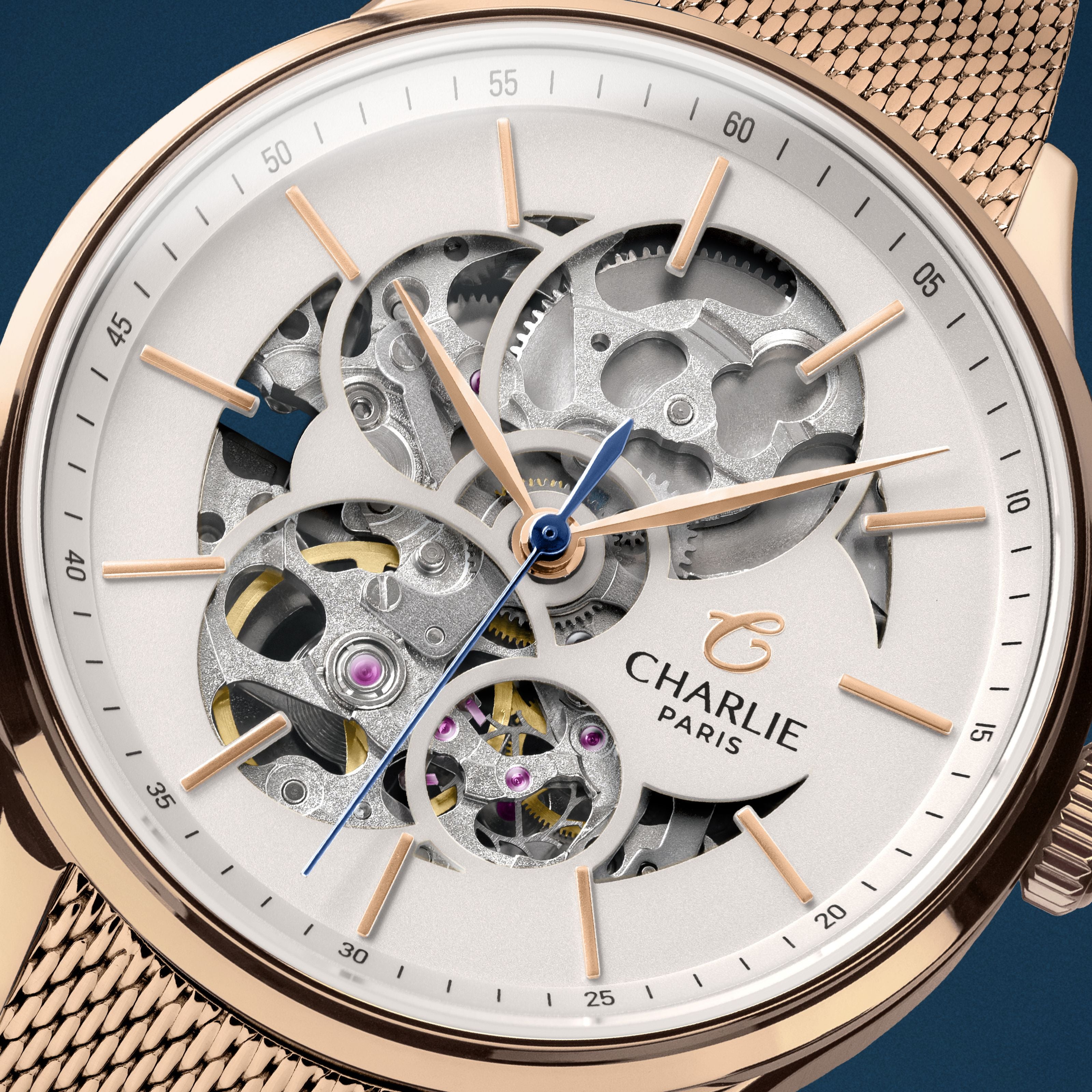 INITIAL - Women's automatic watch skeleton - White dial - Rose