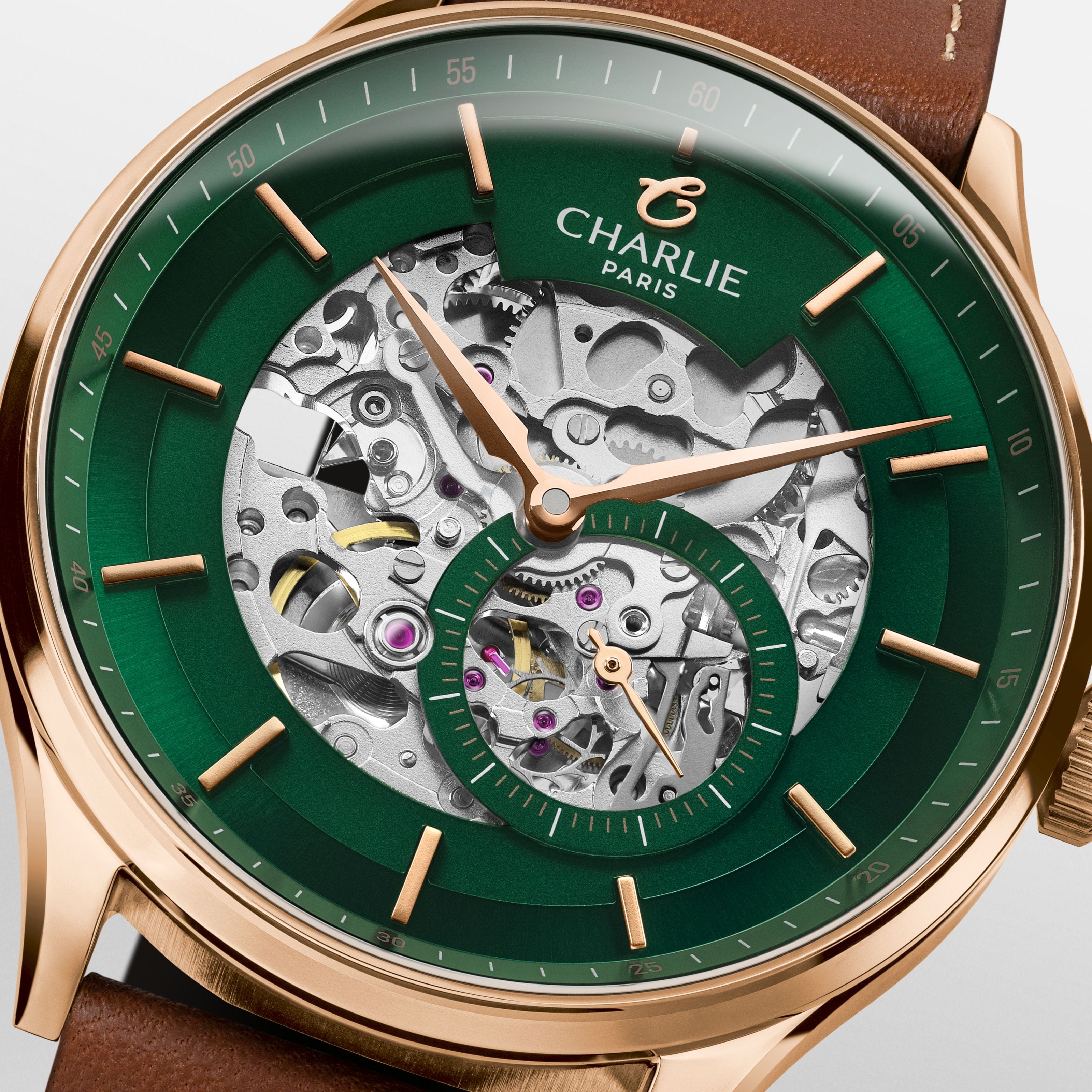 INITIAL - Automatique Squelette - Vert & Doré rose Montres CHARLIE