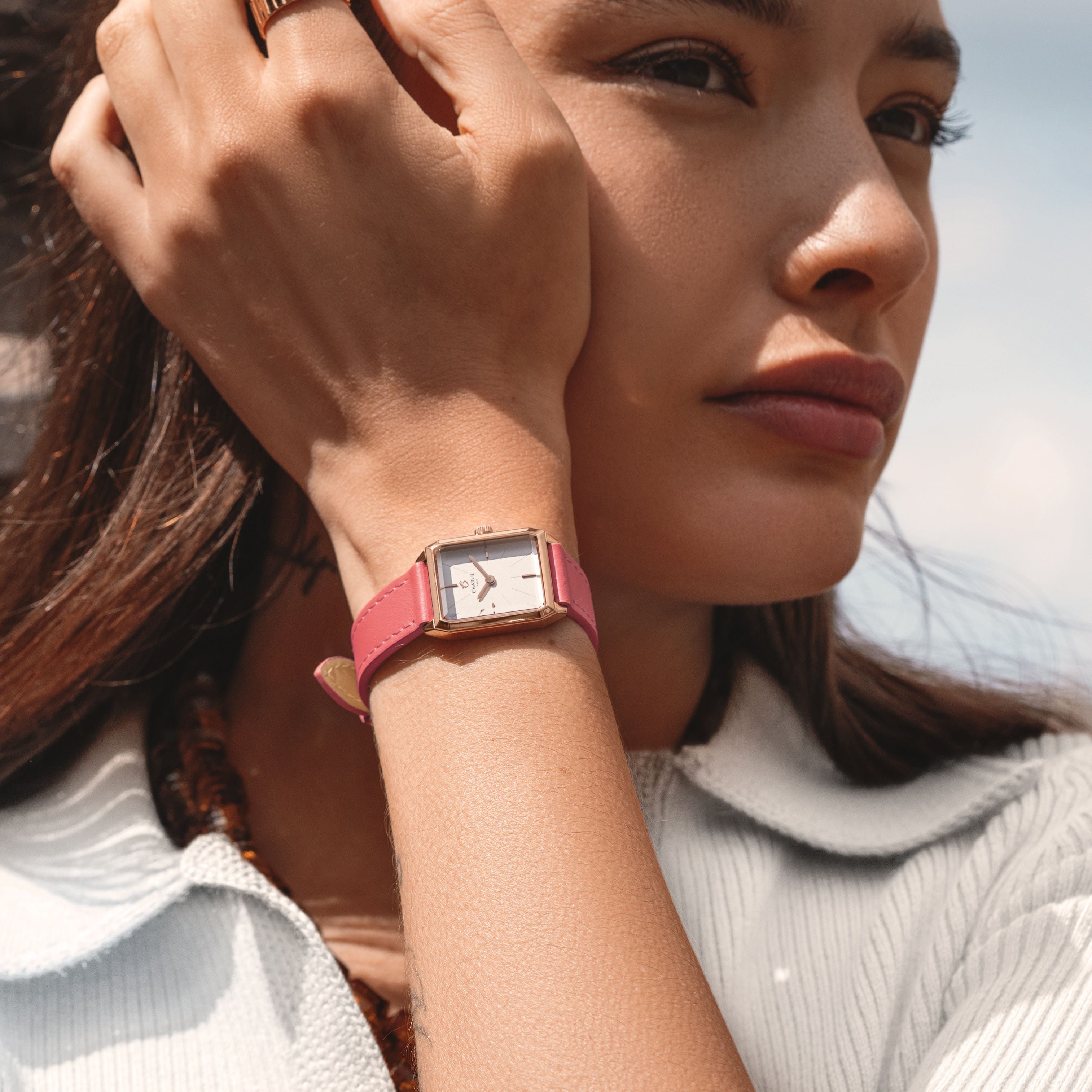 Pink hibiscus leather strap 14mm