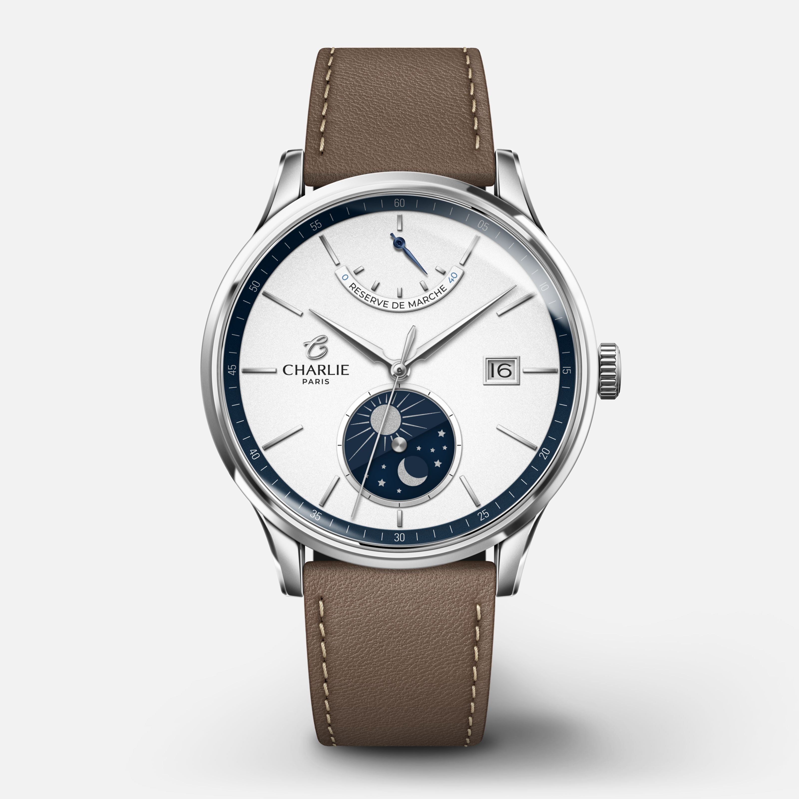 Charlie様 INITIAL - French automatic men's watch, blue/white - Day/night