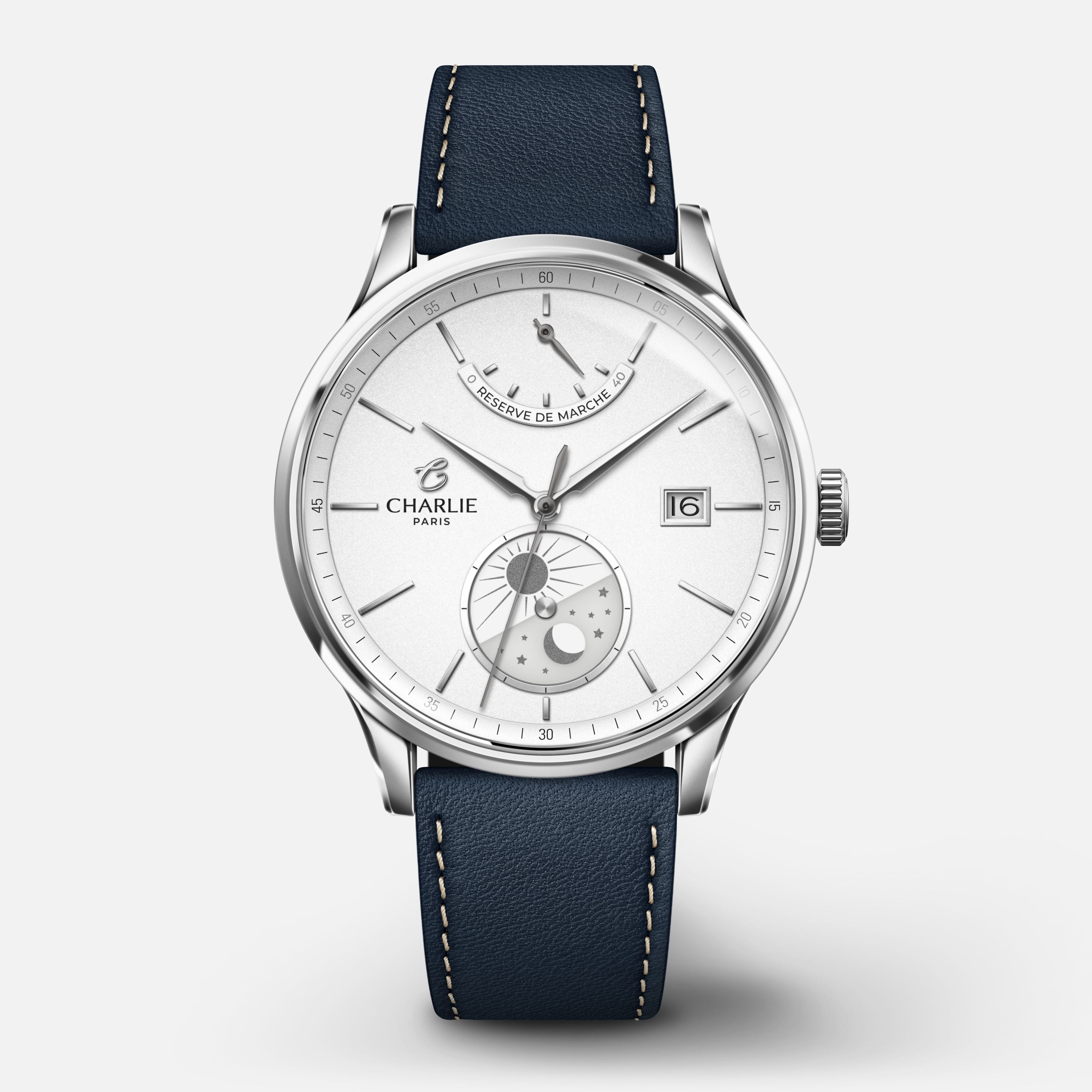 Charlie様 INITIAL - Men's automatic watch, white - Day/night display - Steel