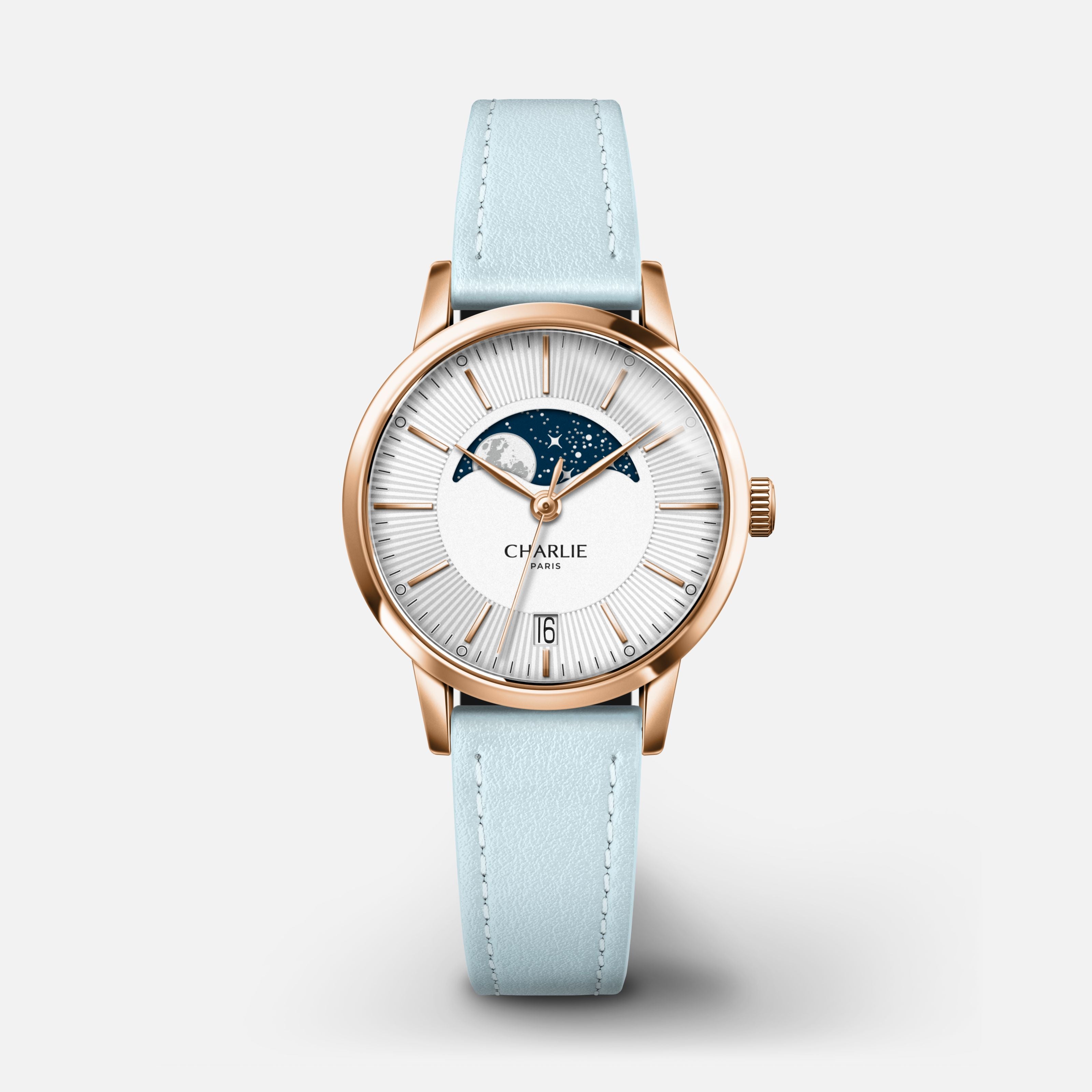 SULLY - Quartz Phase de Lune - Doré rose Montres CHARLIE Cuir bleu azur