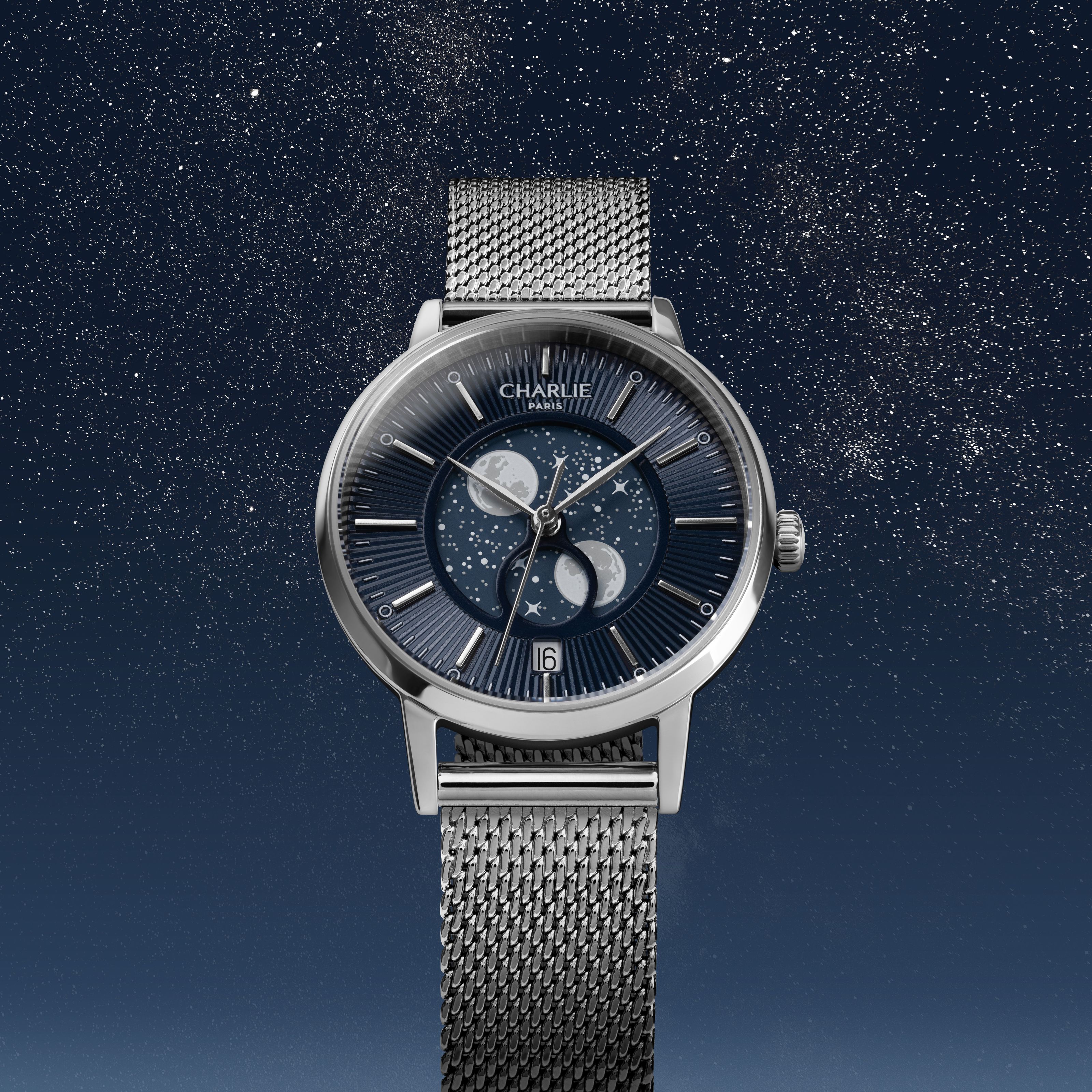 SULLY - Quartz Phase de Lune - Acier & Bleu Montres CHARLIE