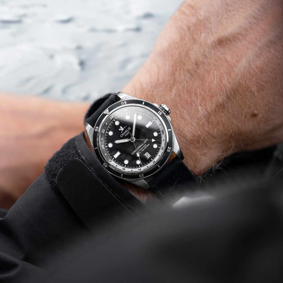 Black waterproof GMT watch with Swiss movement Concordia