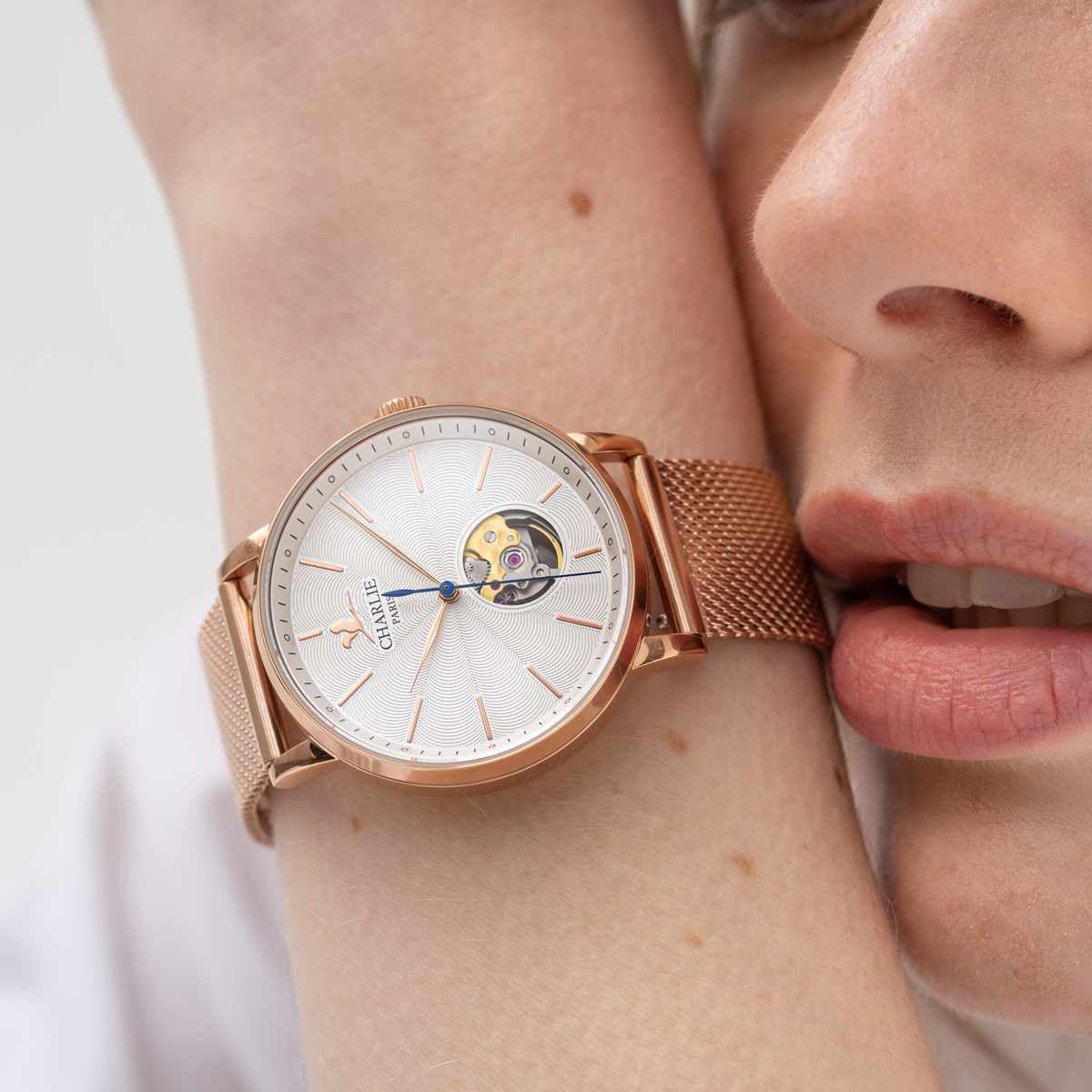 Rose gold Milanese link watchband 18mm