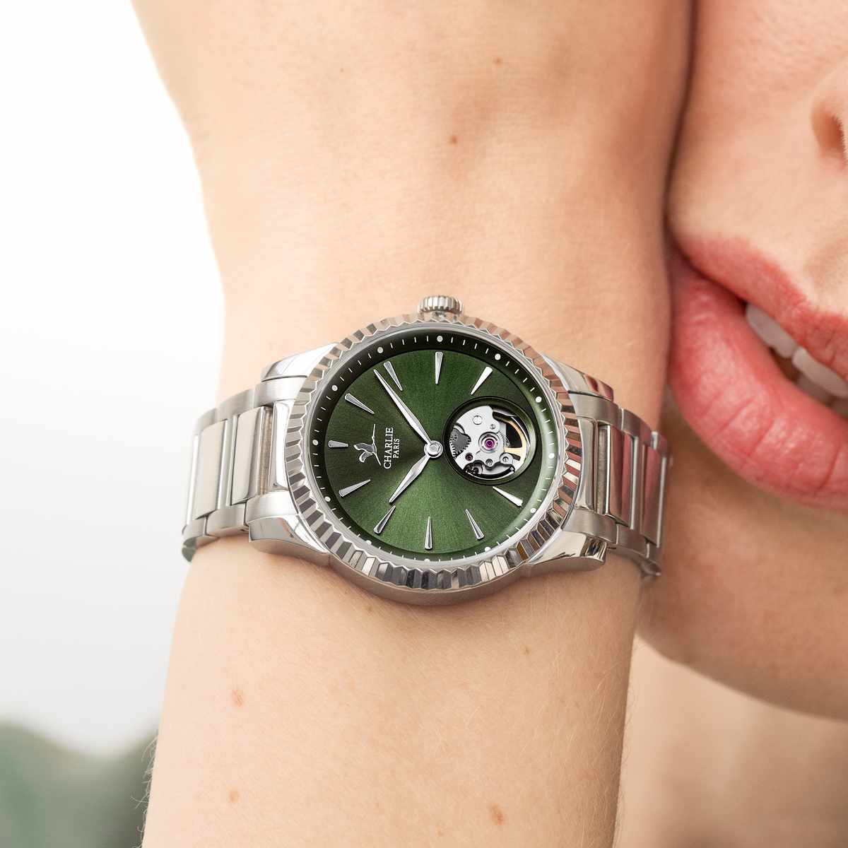 Waterproof green automatic women's watch - Aurore Open Heart Peacock