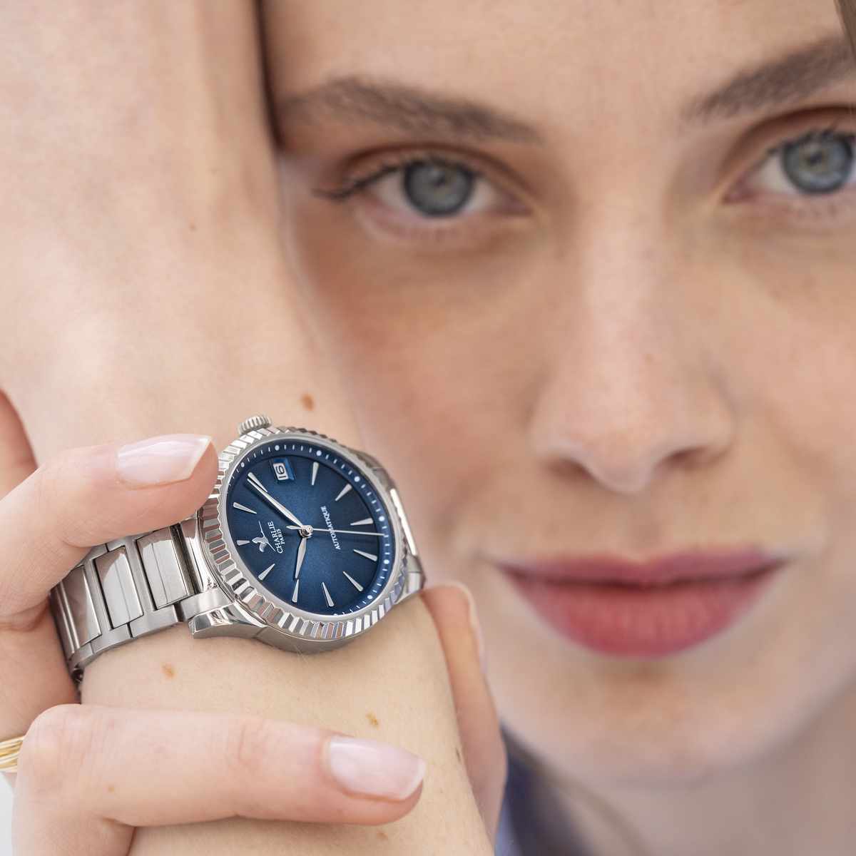 Women s automatic blue steel watch 100m waterproof Aurore