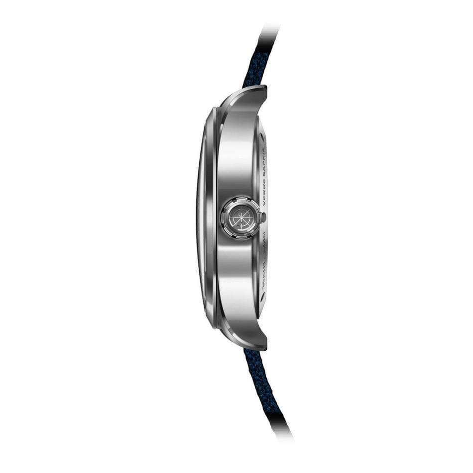 Vue latérale du modèle de montre quartz étanche pour homme Concordia avec cadran bleu