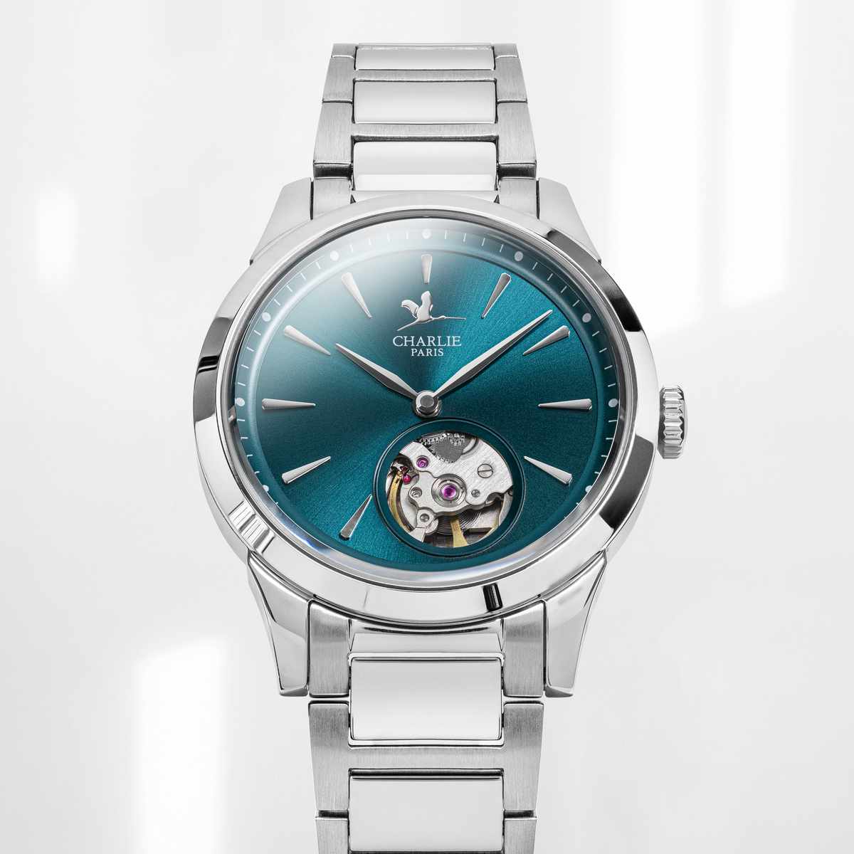 Waterproof green automatic women s watch Aurore Open Heart Peacock