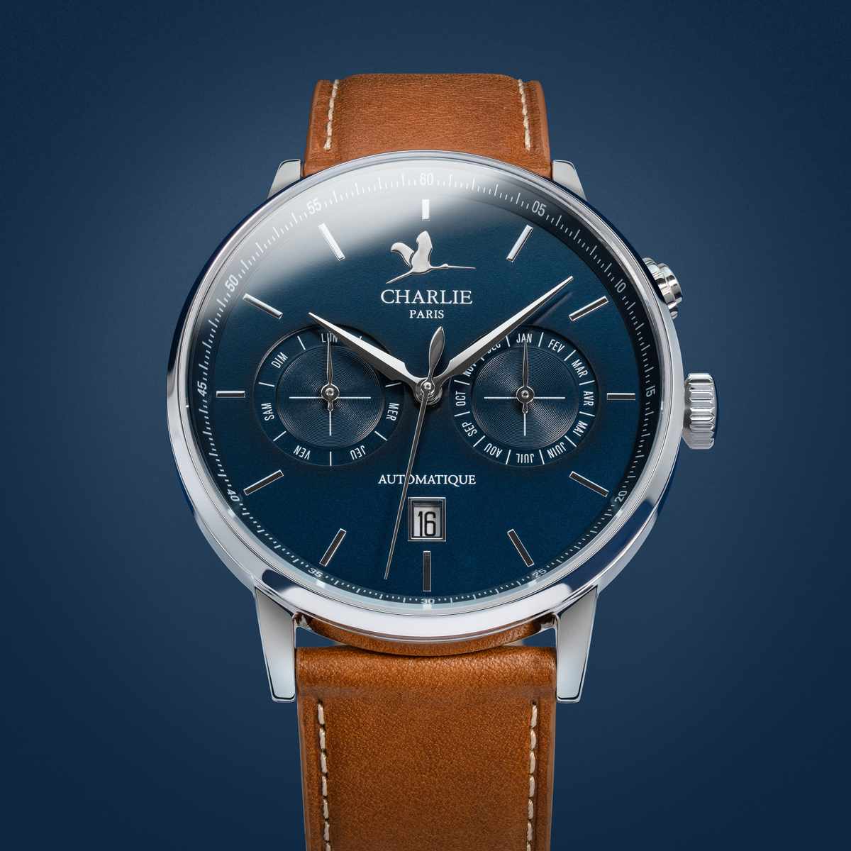 Montre Calendrier automatique pour homme Initial Calendrier bleu