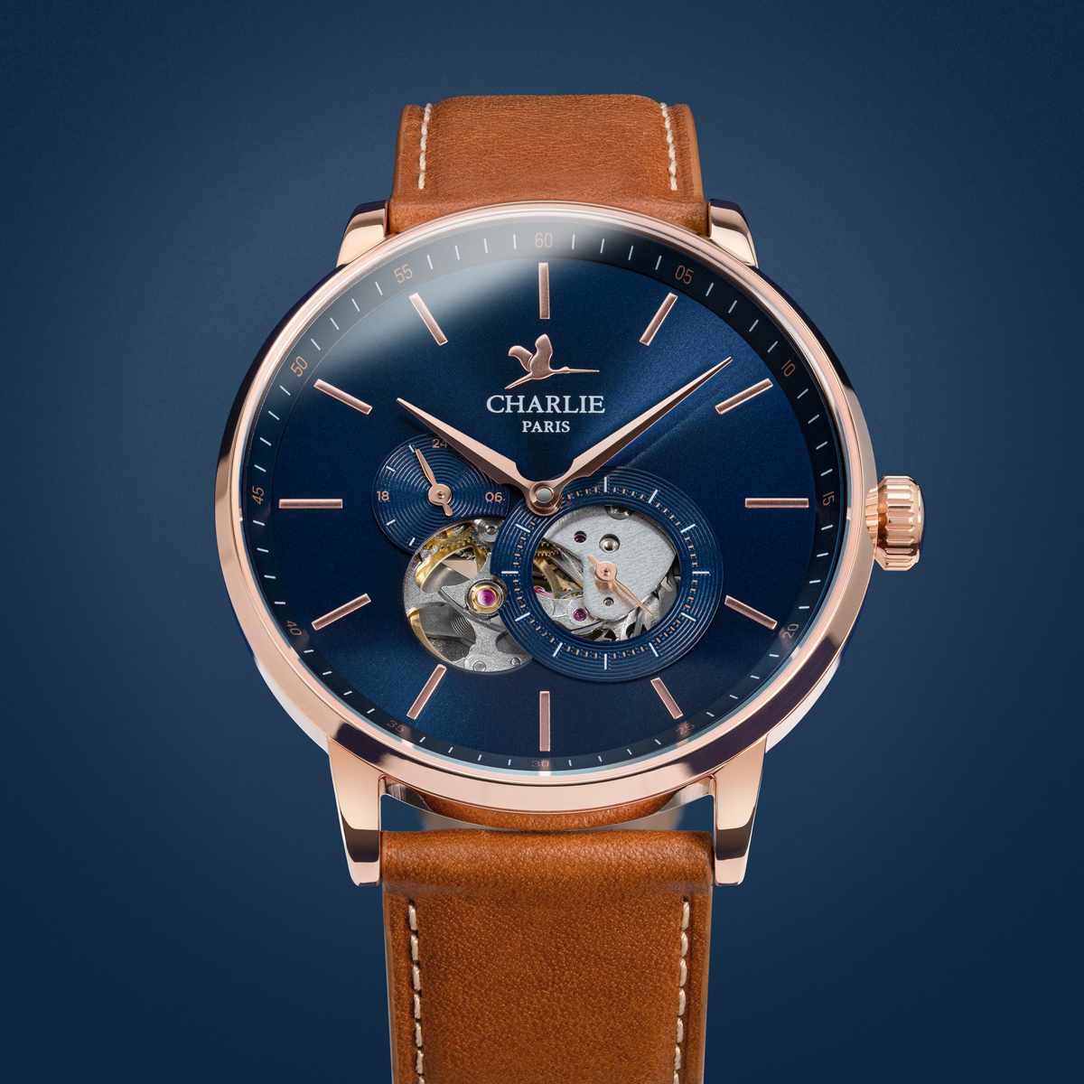 Men s watch with visible mechanism and blue dial Initial Open