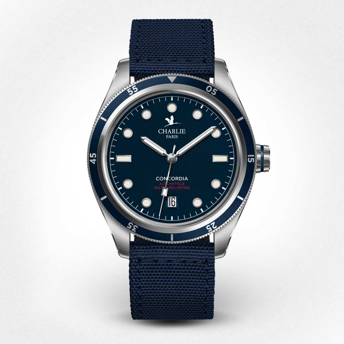 Vue de face du modèle de montre automatique étanche pour homme Concordia avec cadran bleu