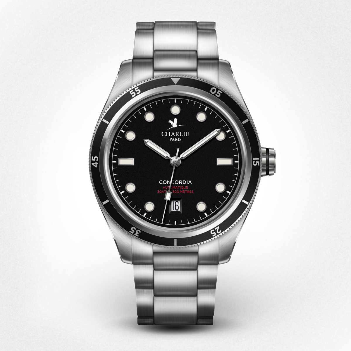 Vue de face du modèle de montre automatique étanche pour homme Concordia avec cadran noir et bracelet acier 