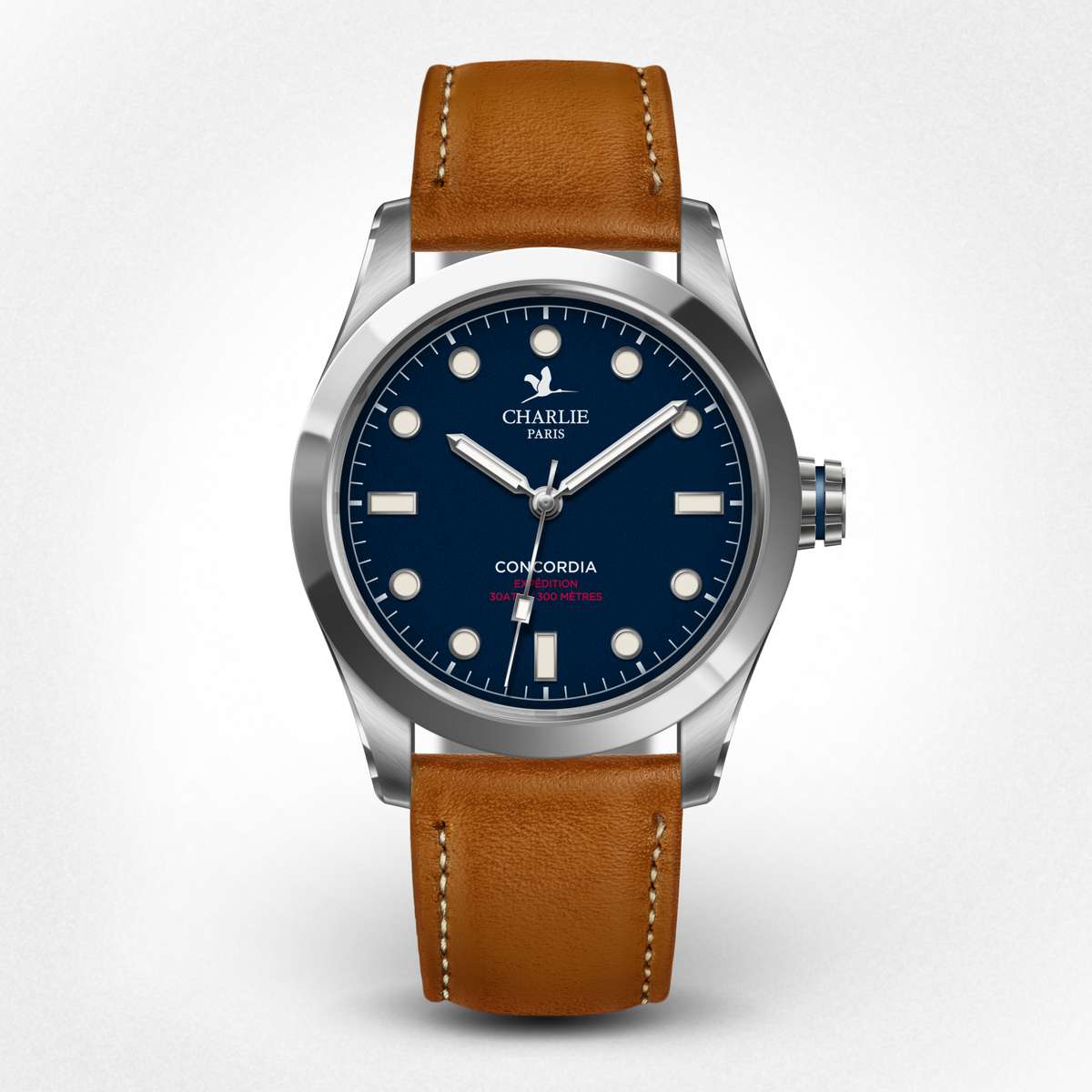 Vue de face du modèle de montre quartz étanche pour homme Concordia avec cadran bleu
